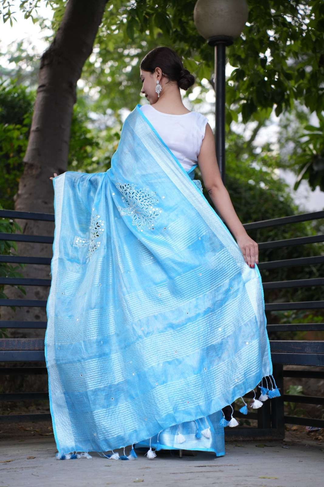 Pure Firozi Handloom Bhagalpuri Silk With Silver  Cut Work  & Mirror Embroidered Wrap In 1 Minute Saree