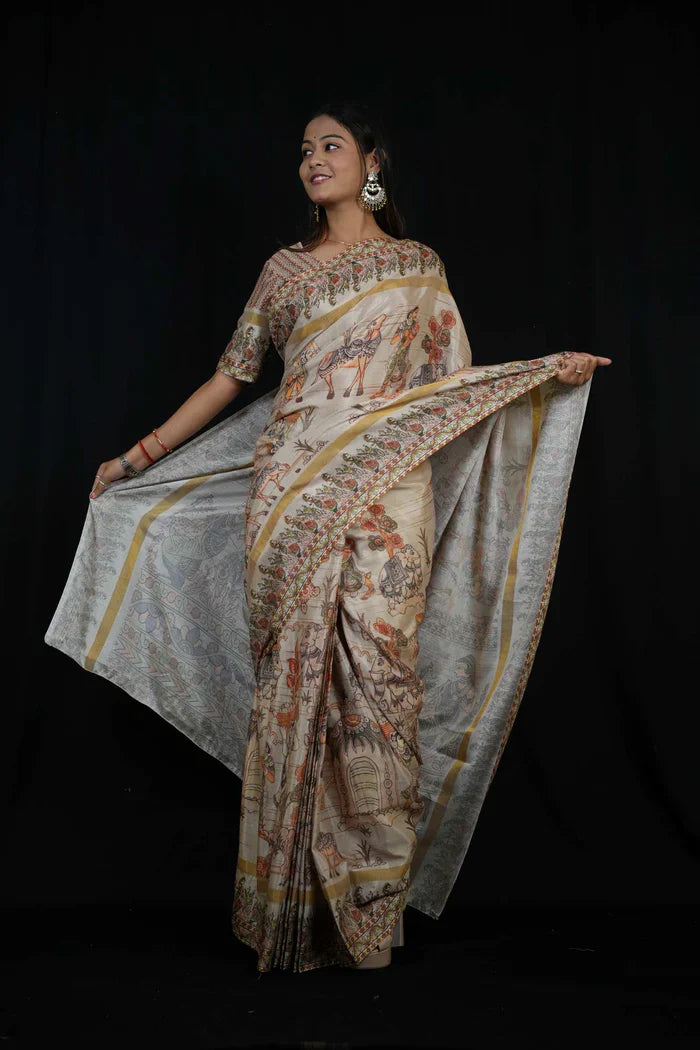 Cotton silk light weight Madhubani Pichwai Artwork Printed Ready To Wear Saree