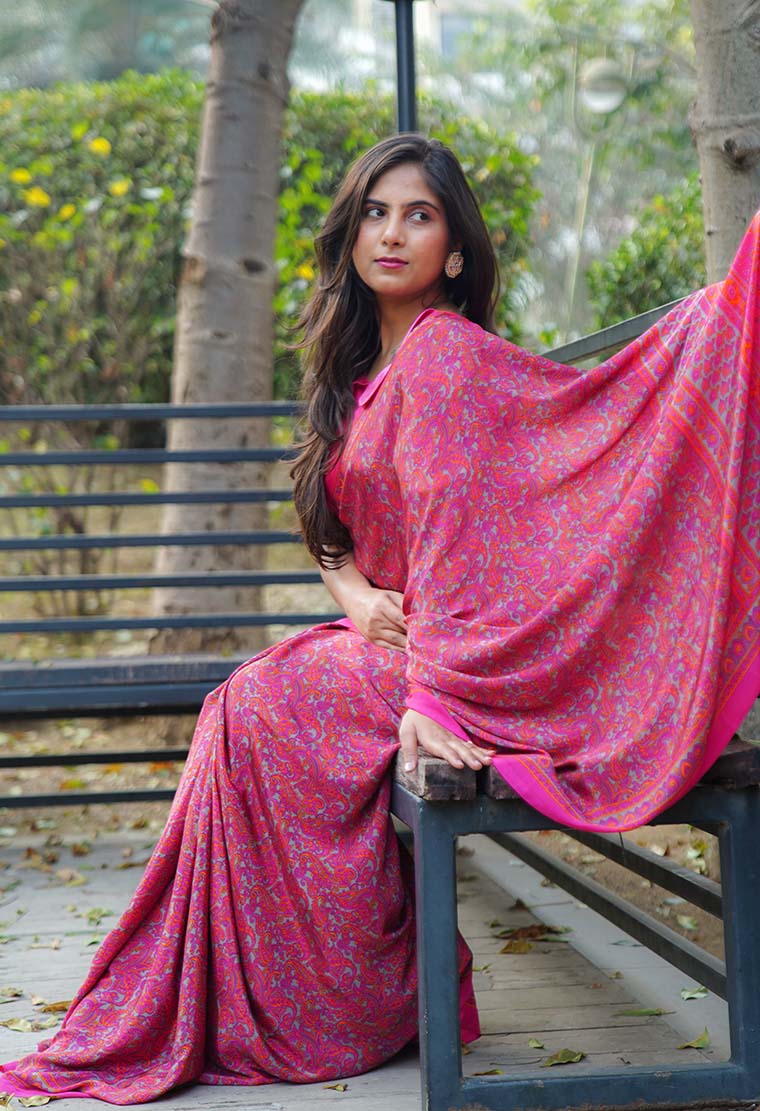Easy On The Eyes Pink Soft as butter With Intricate printed Wrap In One Minute Saree