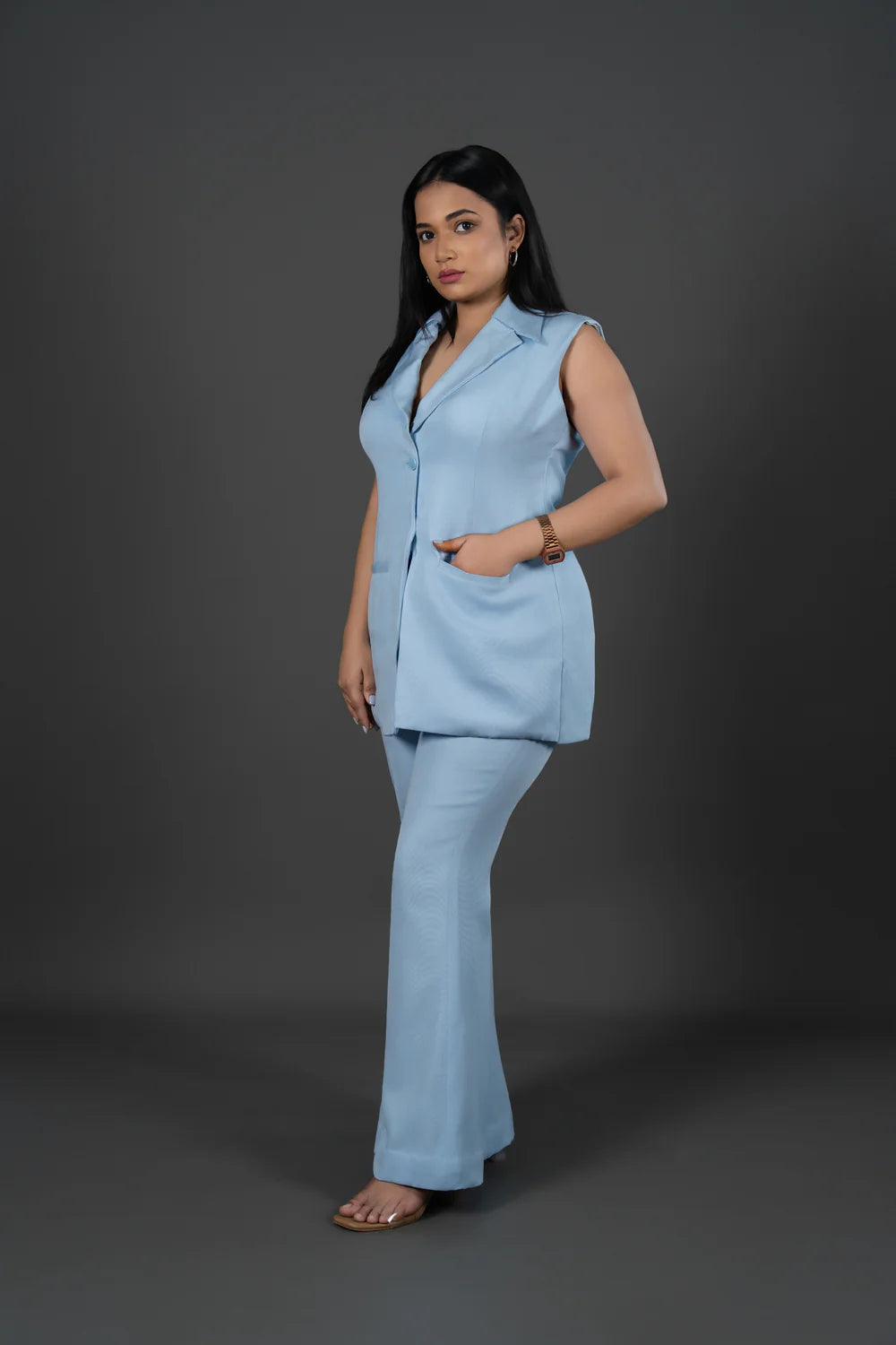 Co-ord  Sleeveless Long Waistcoat Collar Matching Wide-Leg Trousers,