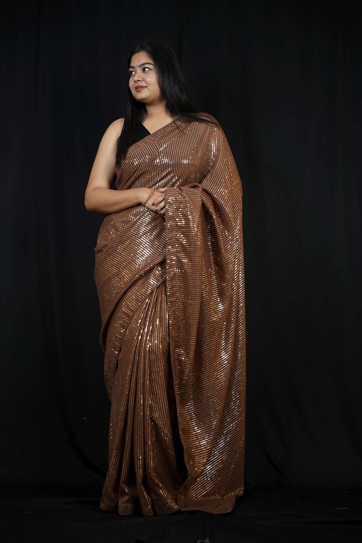 Brown Soft Georgette with All-Over Sequin Embellishments Ready To Wear Saree