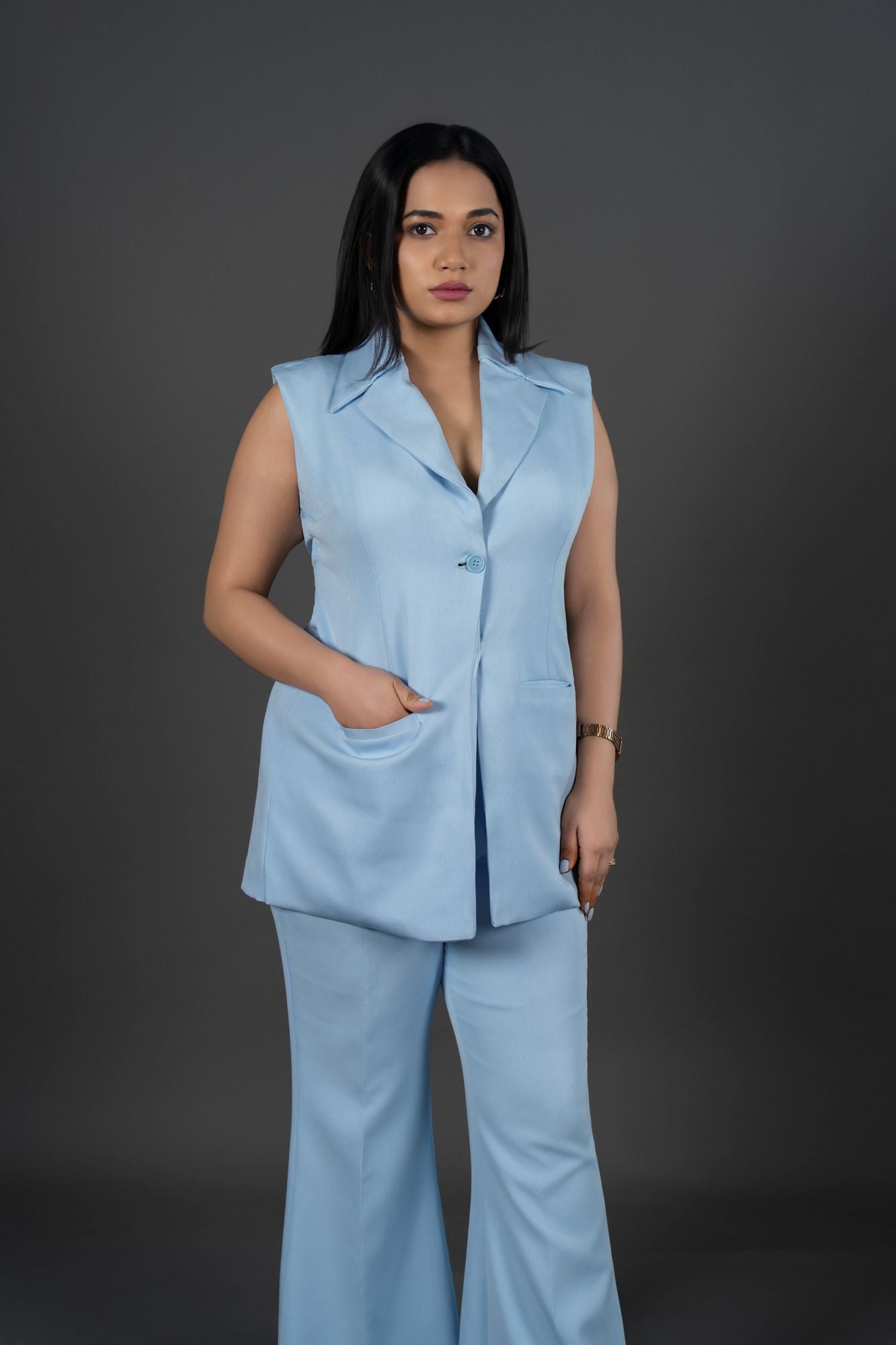 Co-ord  Sleeveless Long Waistcoat Collar Matching Wide-Leg Trousers,