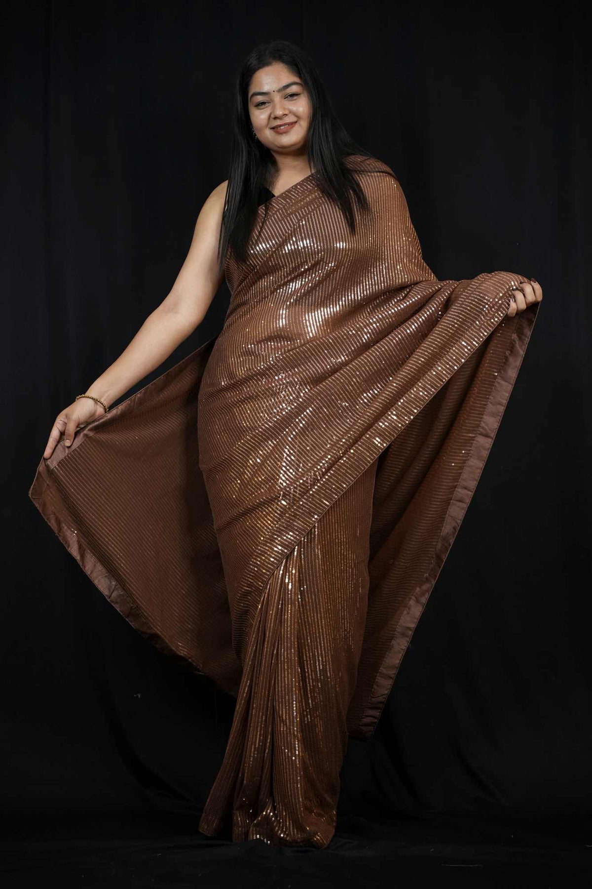 Brown Soft Georgette with All-Over Sequin Embellishments Ready To Wear Saree