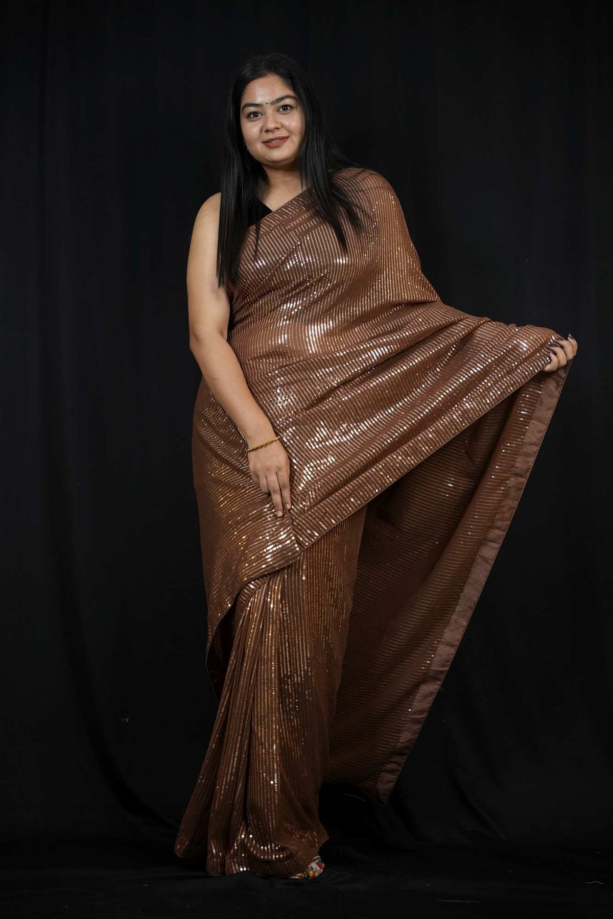 Brown Soft Georgette with All-Over Sequin Embellishments Ready To Wear Saree
