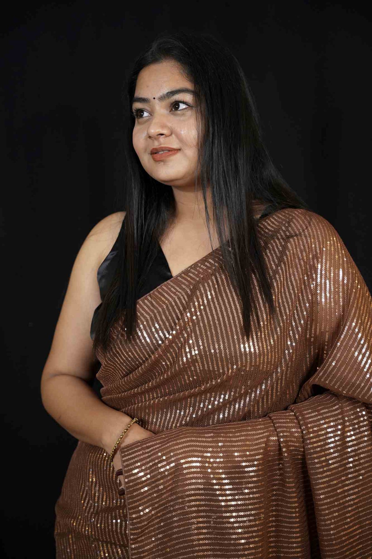 Brown Soft Georgette with All-Over Sequin Embellishments Ready To Wear Saree