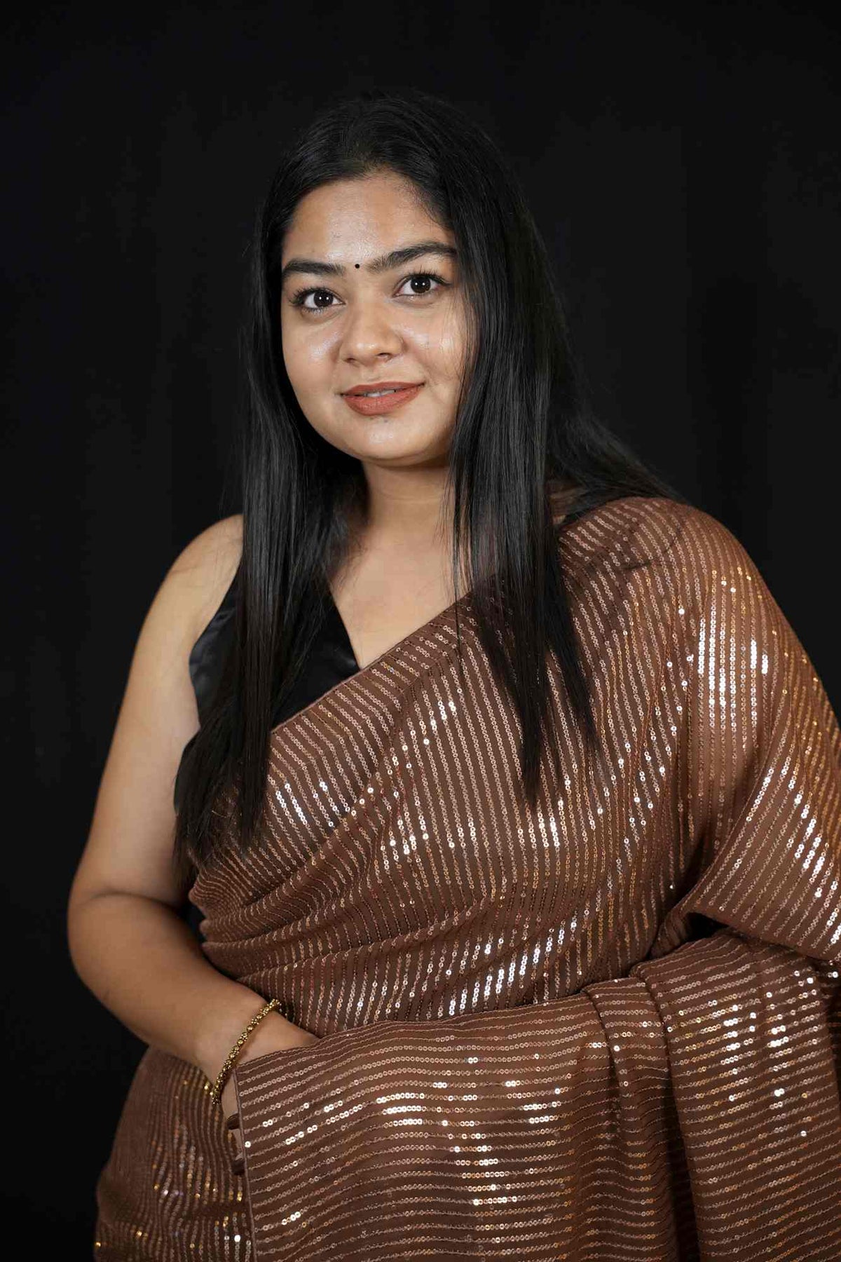 Brown Soft Georgette with All-Over Sequin Embellishments Ready To Wear Saree