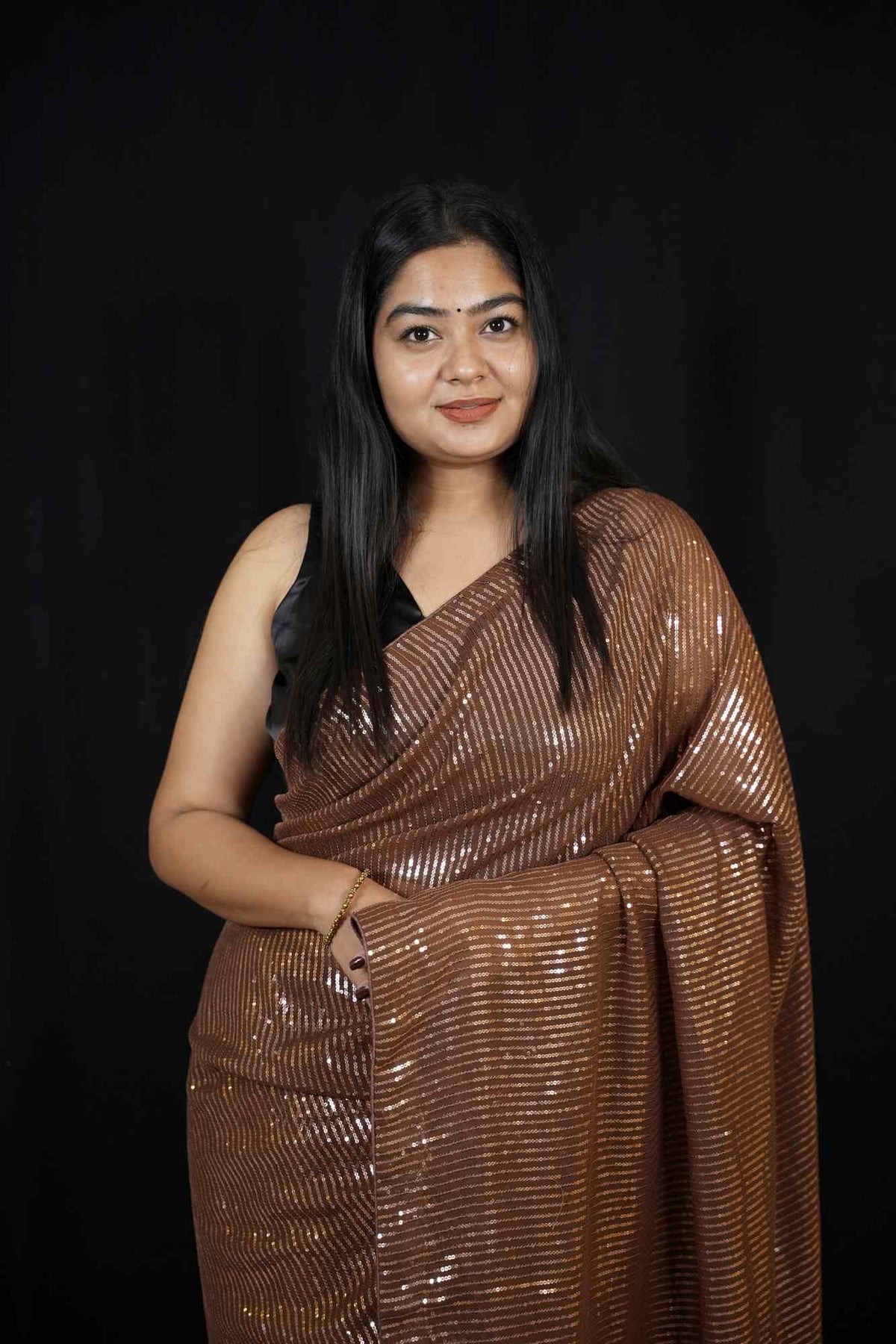 Brown Soft Georgette with All-Over Sequin Embellishments Ready To Wear Saree