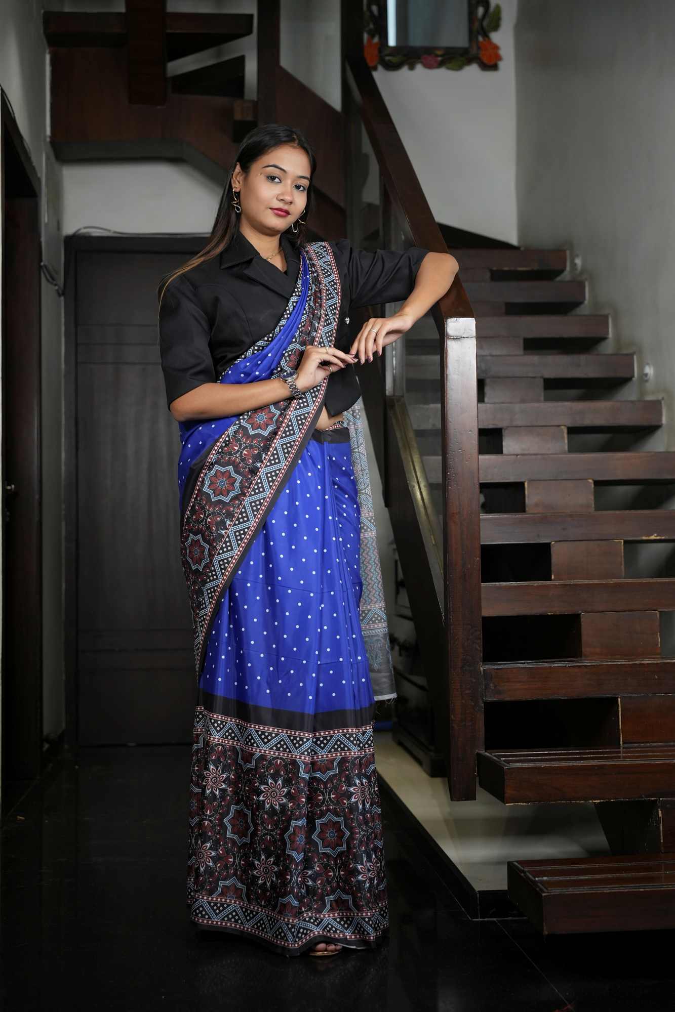 Muslin inspired ajrakh printed prestitched sare