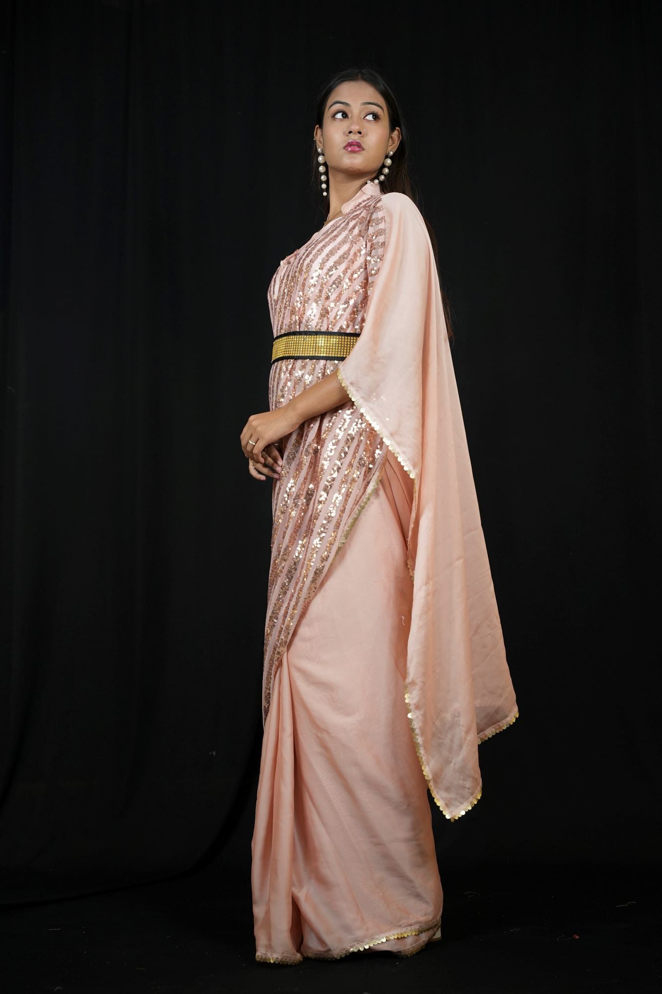Satin Kaftan with Sequin Overlay and Statement Belt Ready To Wear Saree