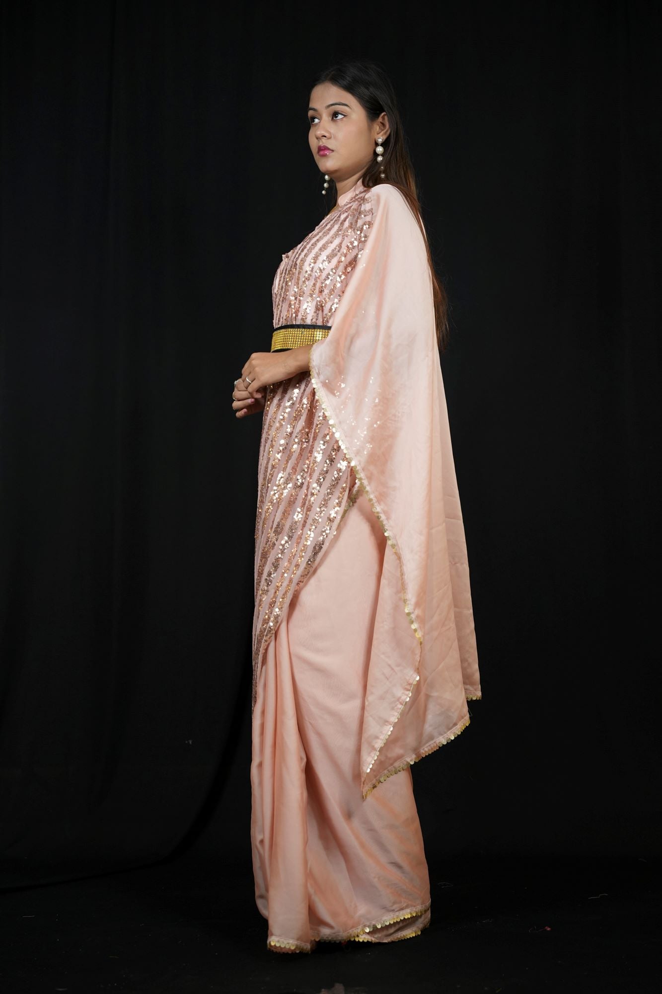 Satin Kaftan with Sequin Overlay and Statement Belt Ready To Wear Saree