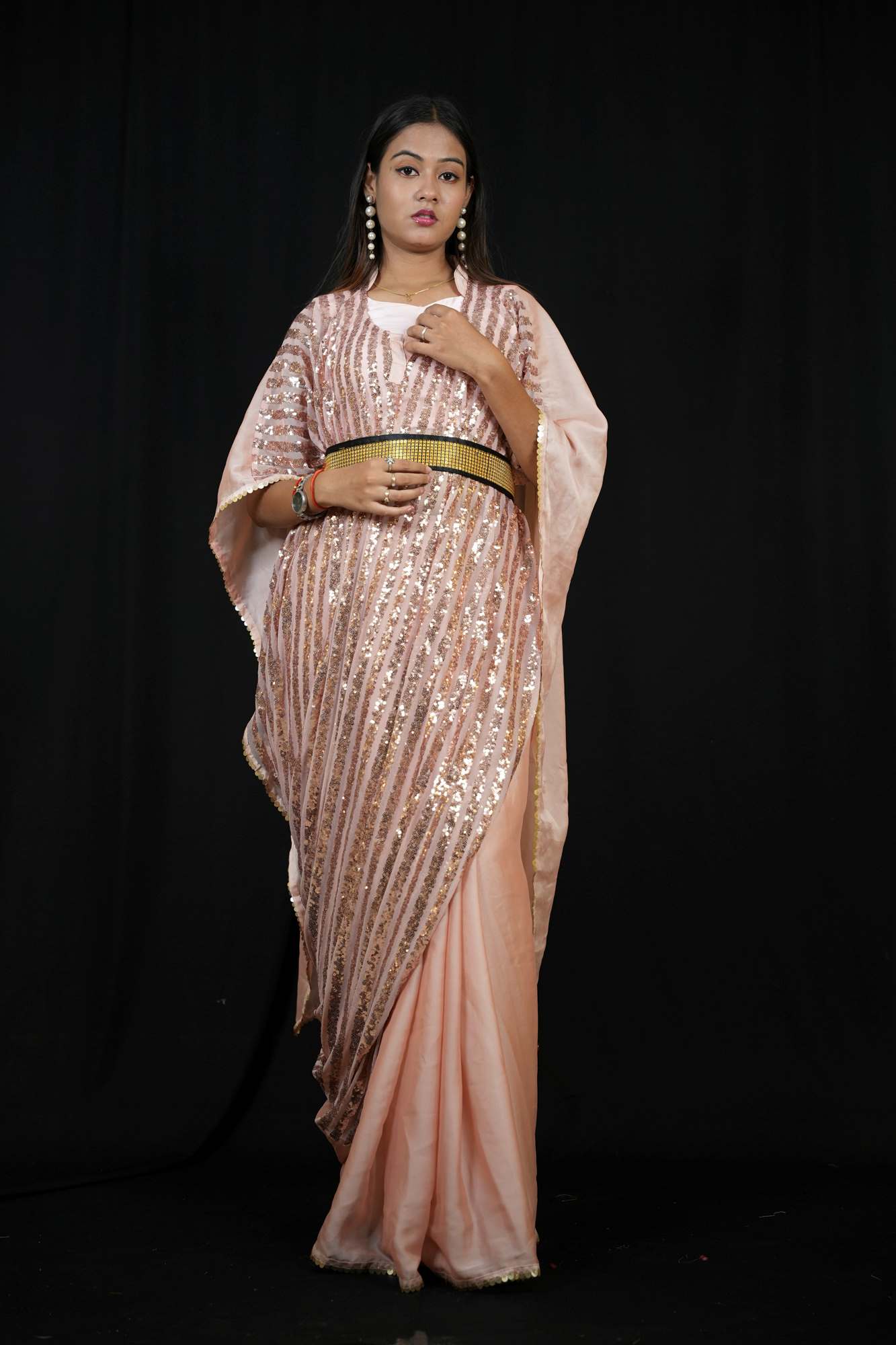 Satin Kaftan with Sequin Overlay and Statement Belt Ready To Wear Saree