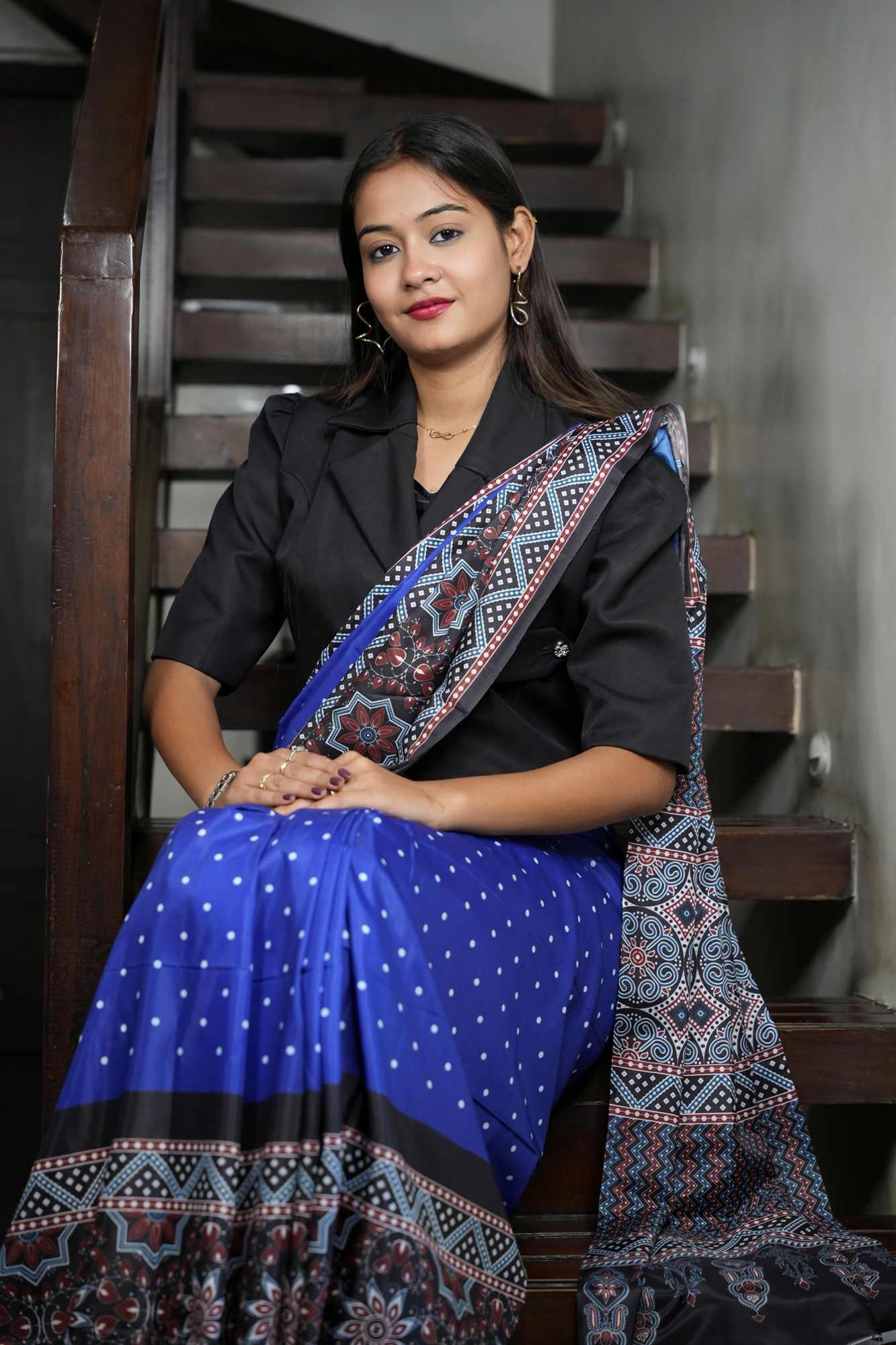 Muslin inspired ajrakh printed prestitched sare