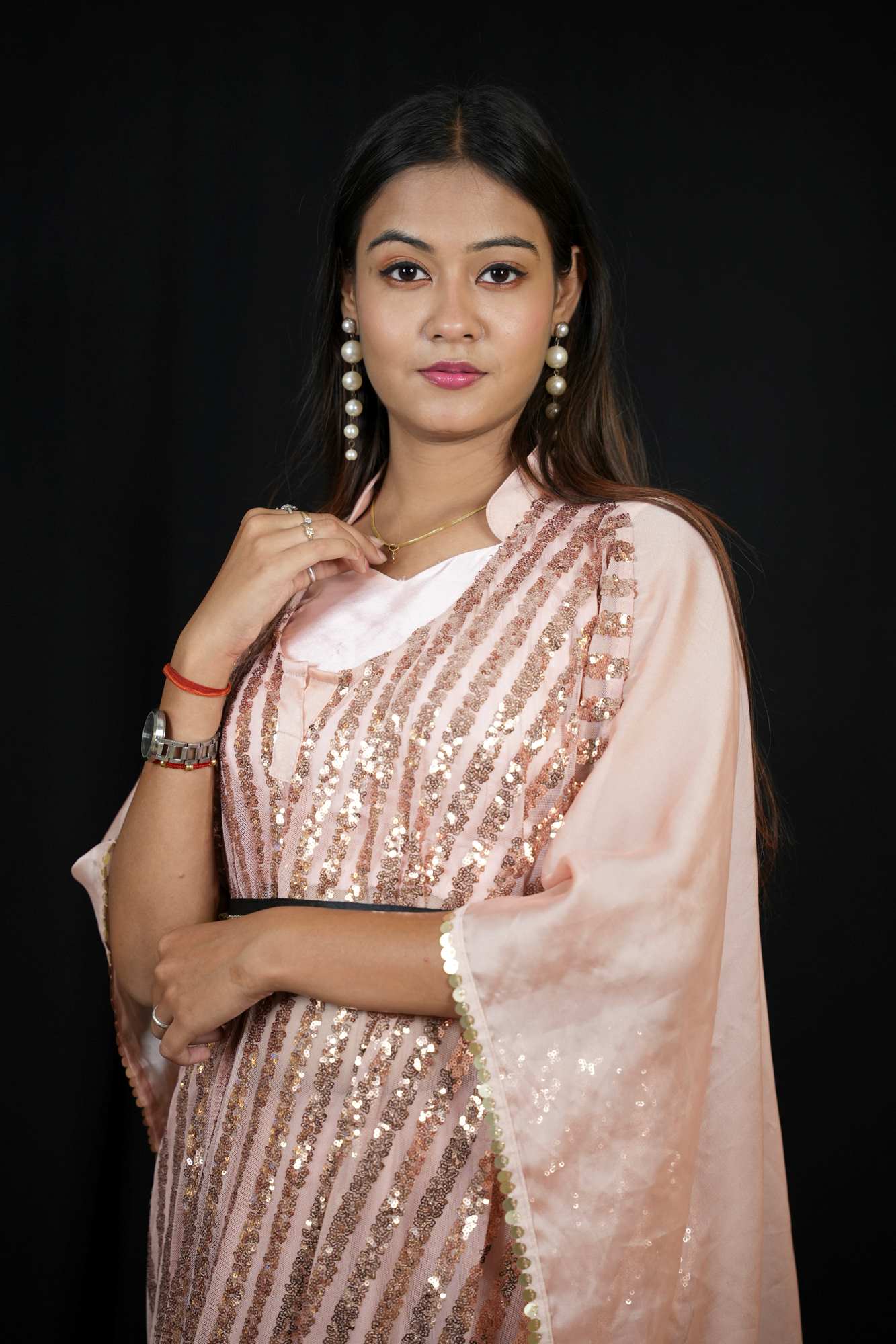 Satin Kaftan with Sequin Overlay and Statement Belt Ready To Wear Saree