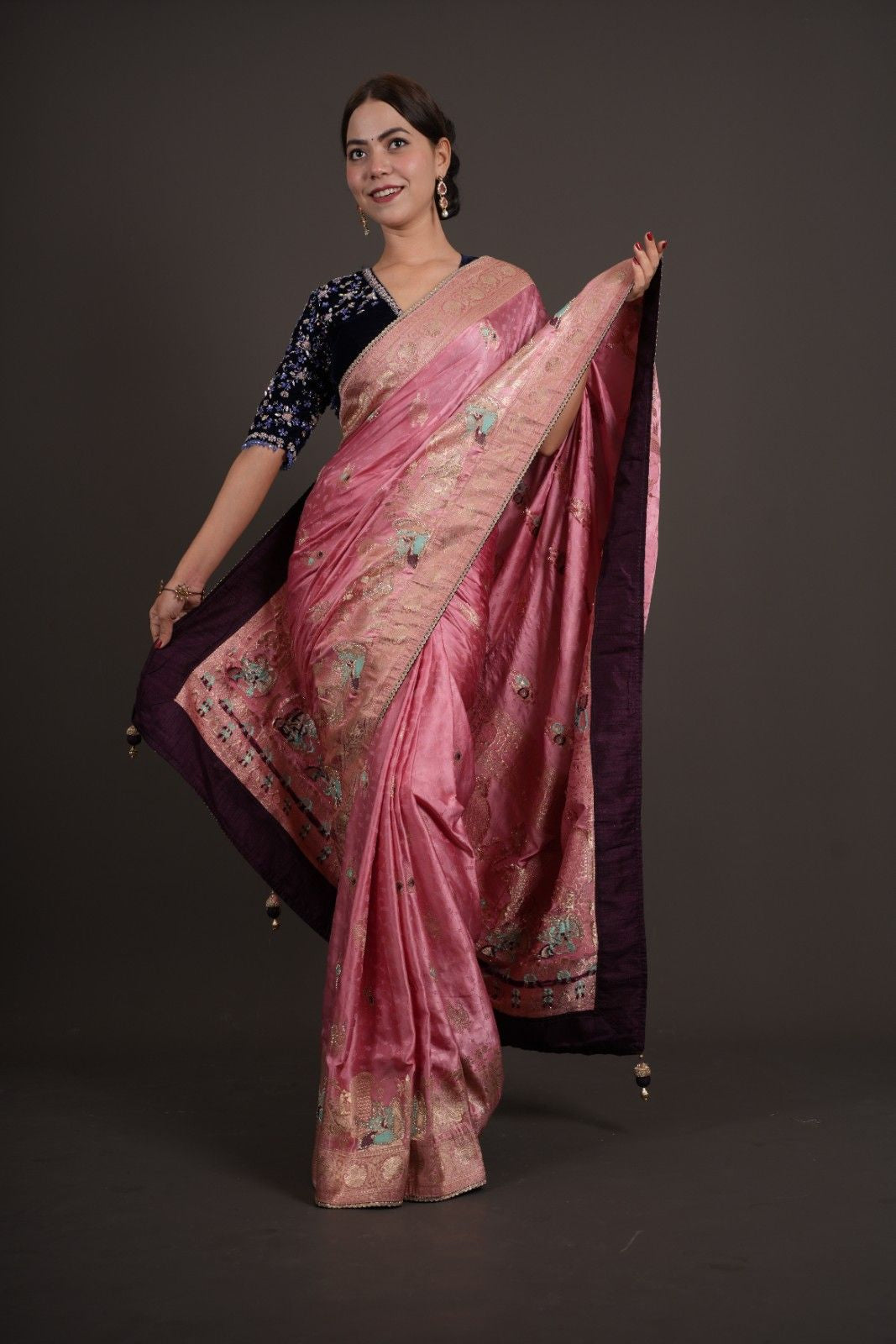 Designer Banarasi Satin Silk With Heavily Stone Embellished Palla, ornate blouse piece and Ready To Wear Saree