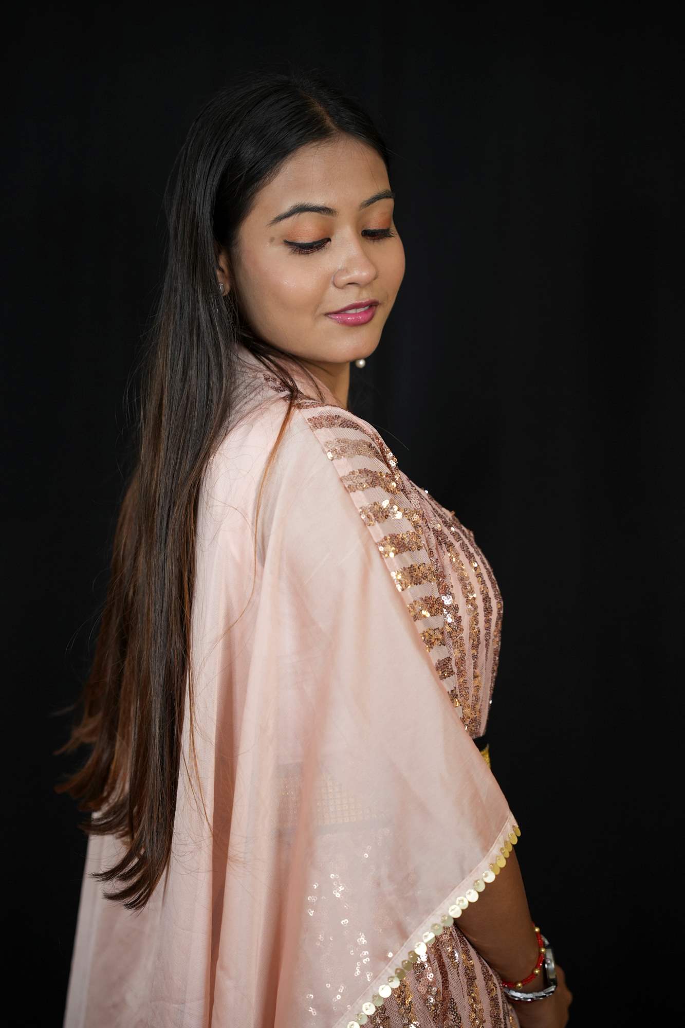 Satin Kaftan with Sequin Overlay and Statement Belt Ready To Wear Saree