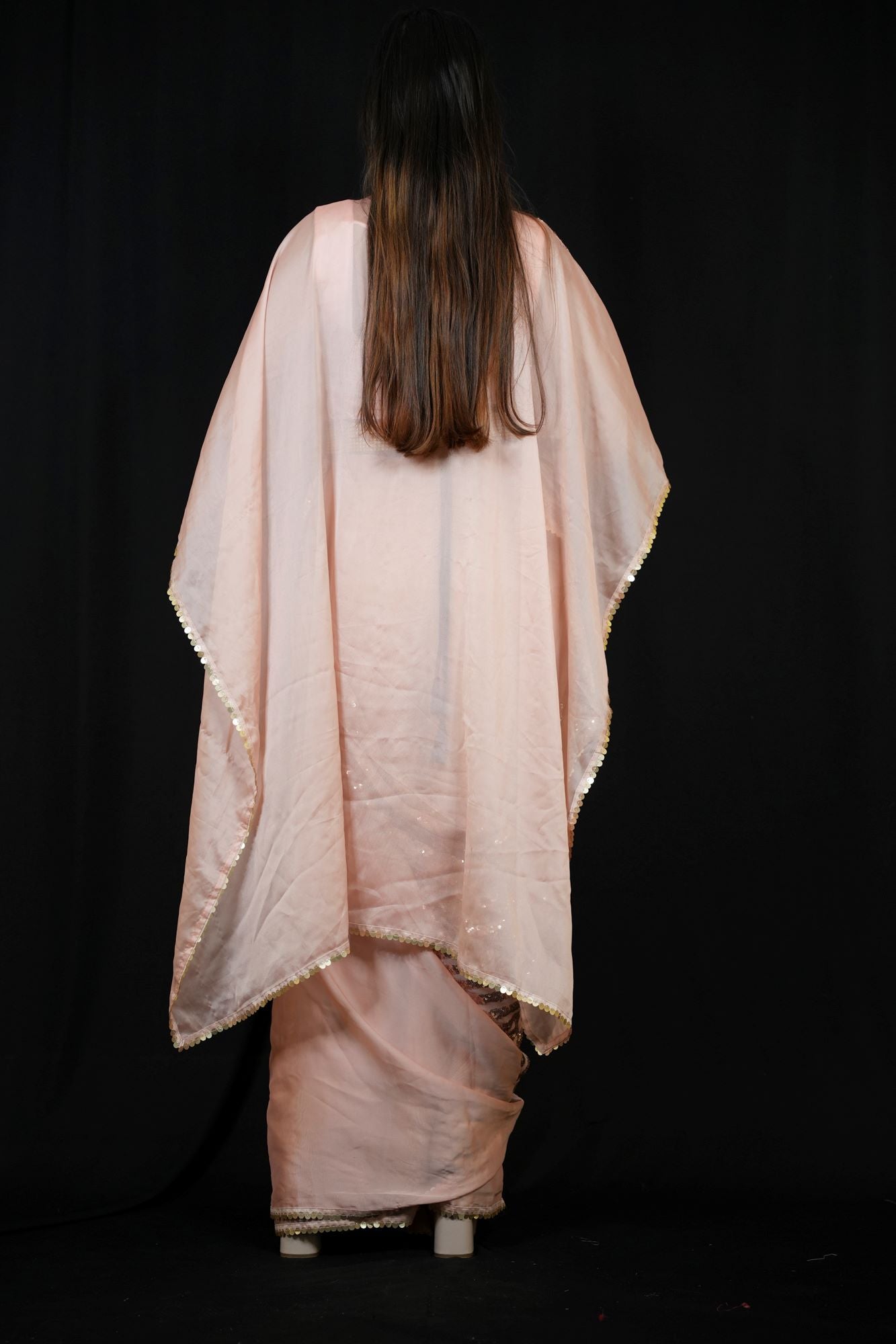 Satin Kaftan with Sequin Overlay and Statement Belt Ready To Wear Saree