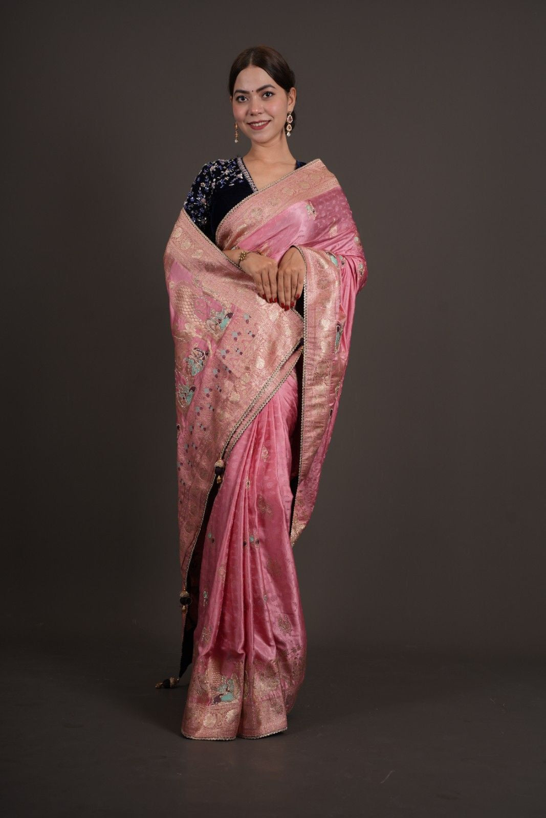 Designer Banarasi Satin Silk With Heavily Stone Embellished Palla, ornate blouse piece and Ready To Wear Saree