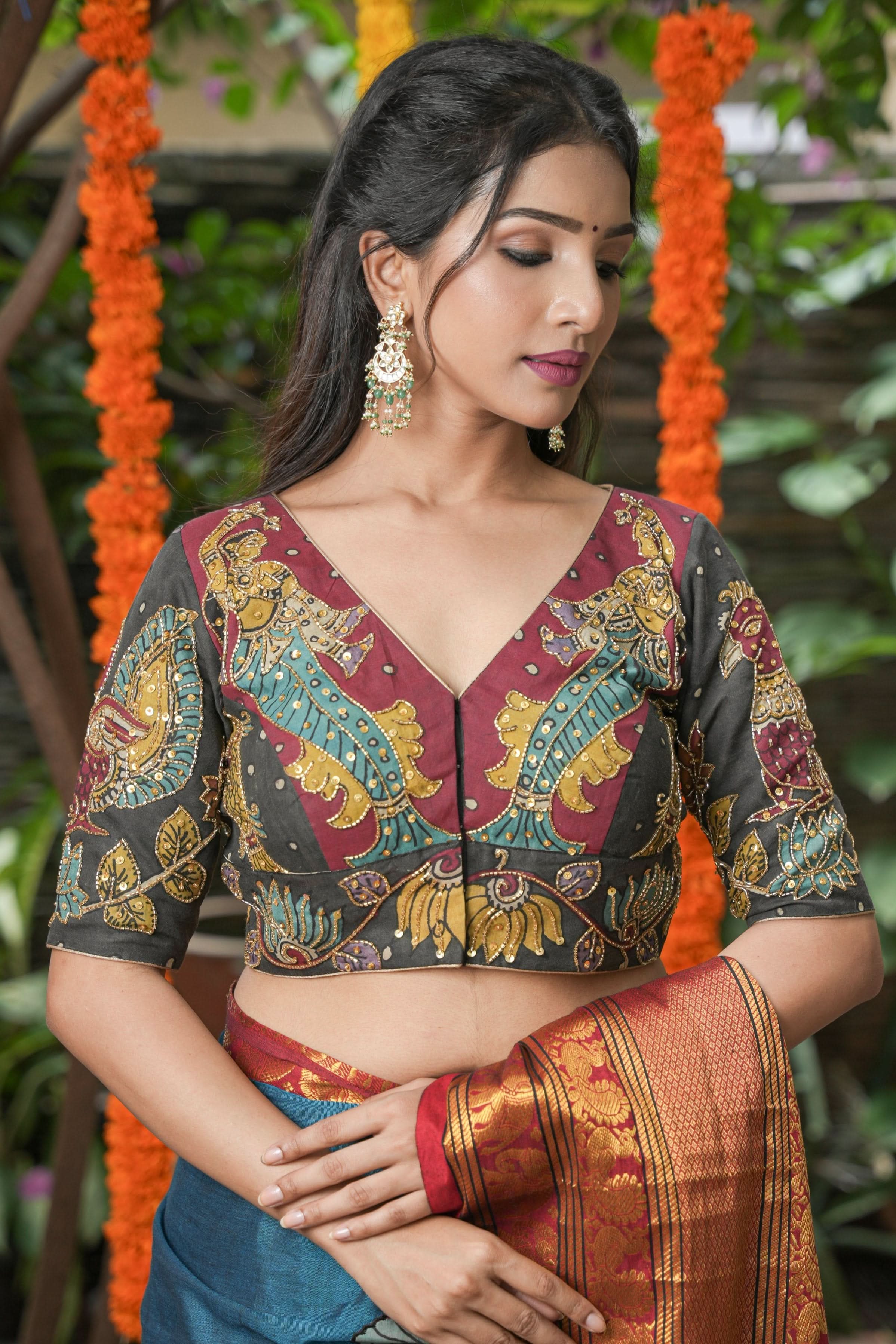 Maroon and Black Kalamkari Embroidery Blouse with Cutdana Work Detailings | Shobitam