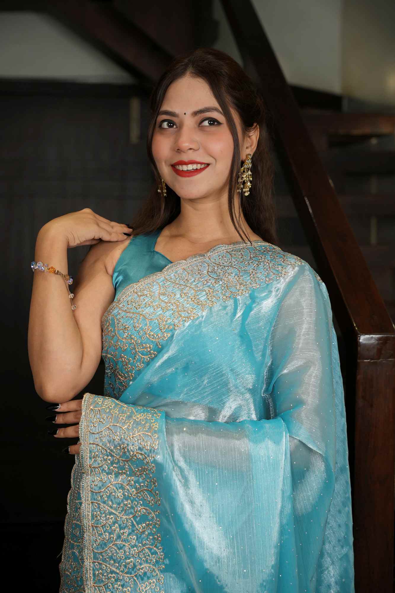 Burberri Chiffon Multithread embroidery & stone work Ready To Wear Saree