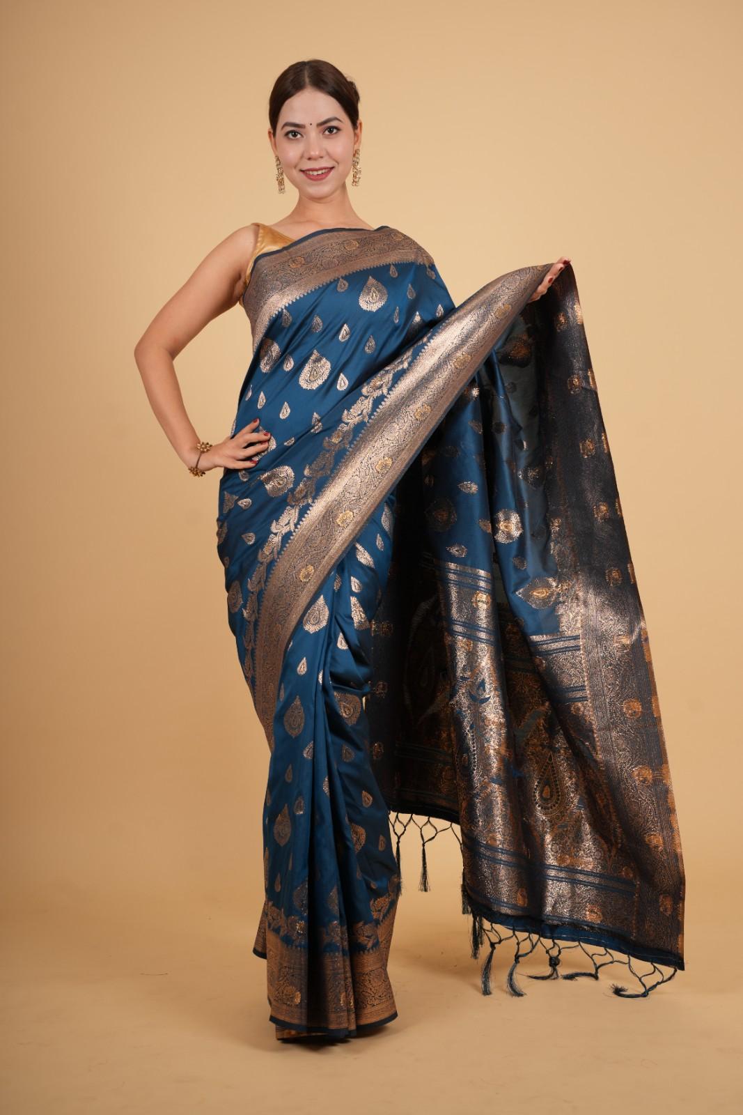 Turquoise Kanjeevaram with Floral Zari woven Details  Border And Overall Zari Butta work Wrap in 1 minute saree