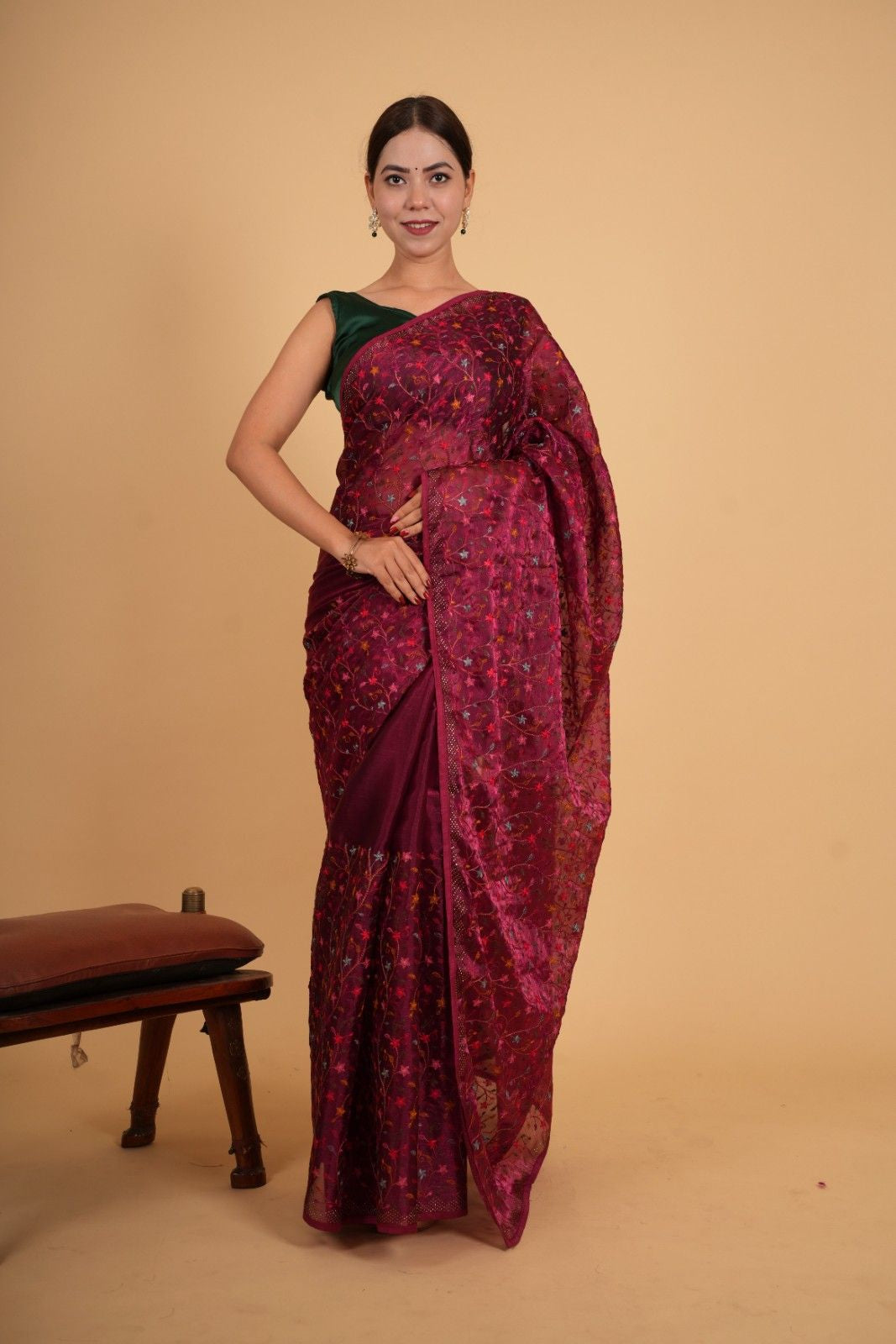 Maroon Soft Organza silk With Floral Embroidery And Stones Embellished Border Ready To Wear Saree