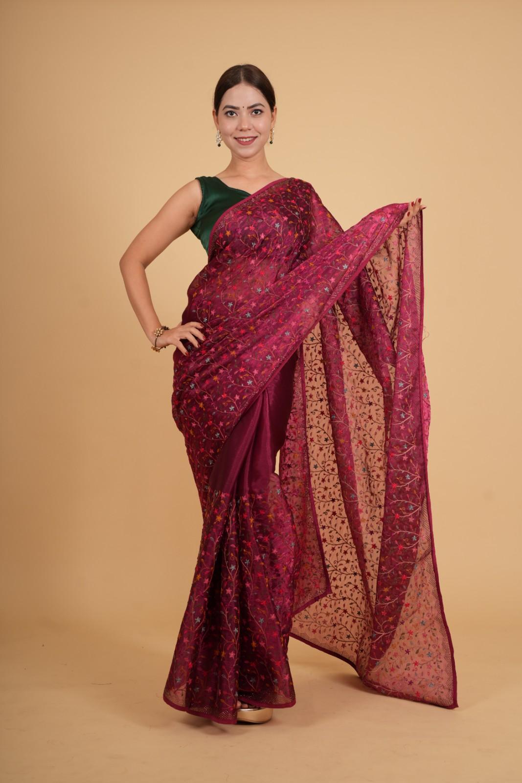 Maroon Soft Organza silk With Floral Embroidery And Stones Embellished Border Ready To Wear Saree