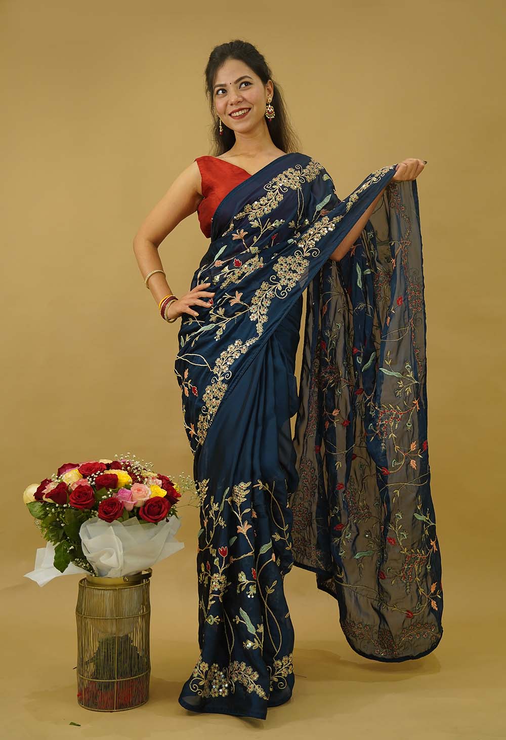 Teal With Red Floral Zari Embroidered With Sequin Embellished Wrap in one minute saree