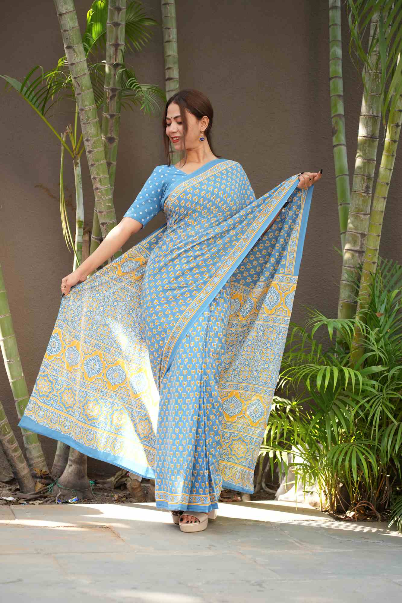 Light Blue Cotton Saree with Floral Hand Block Print Ready To Wear  Saree