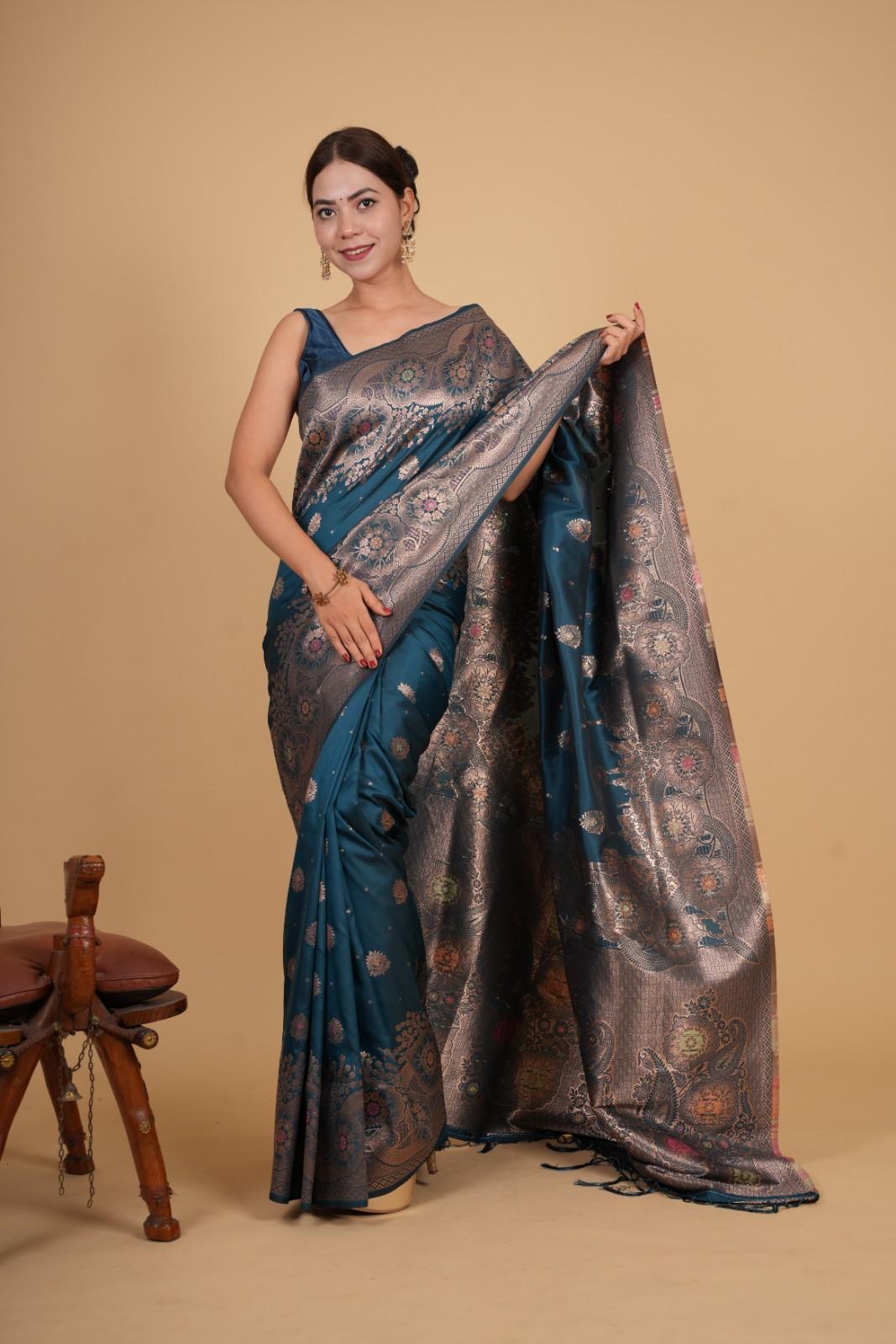 Turquoise Kanjeevaram with Floral Zari woven Details  Border And Overall Zari Butta work Wrap in 1 minute saree