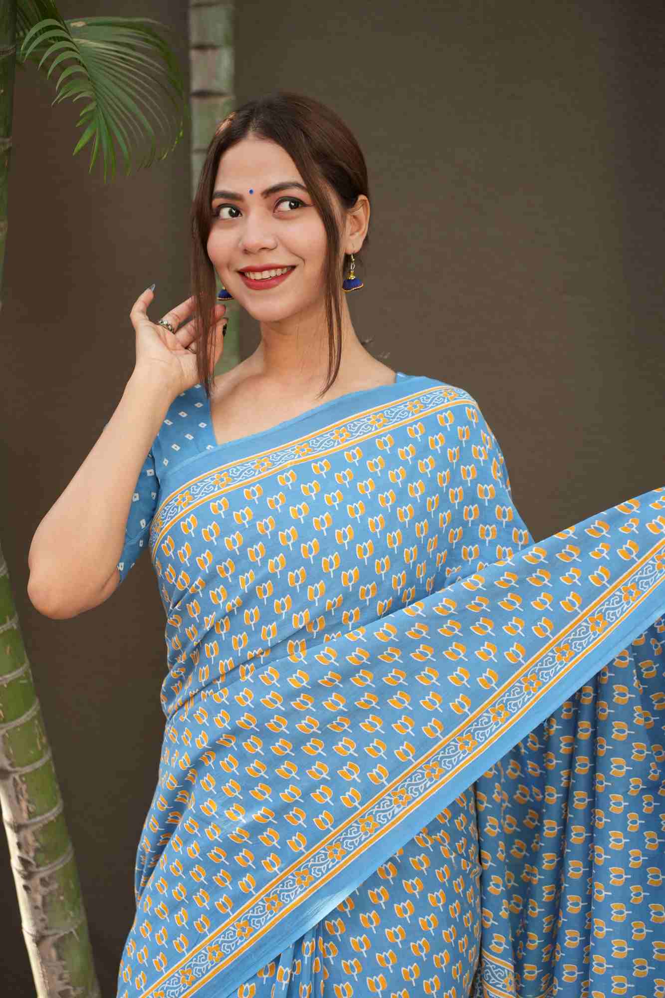 Light Blue Cotton Saree with Floral Hand Block Print Ready To Wear  Saree