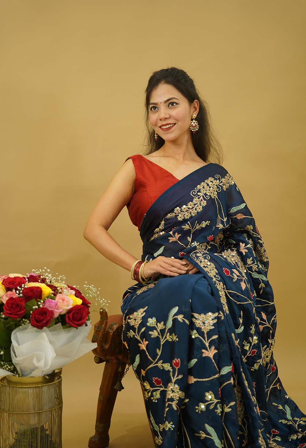 Teal With Red Floral Zari Embroidered With Sequin Embellished Wrap in one minute saree