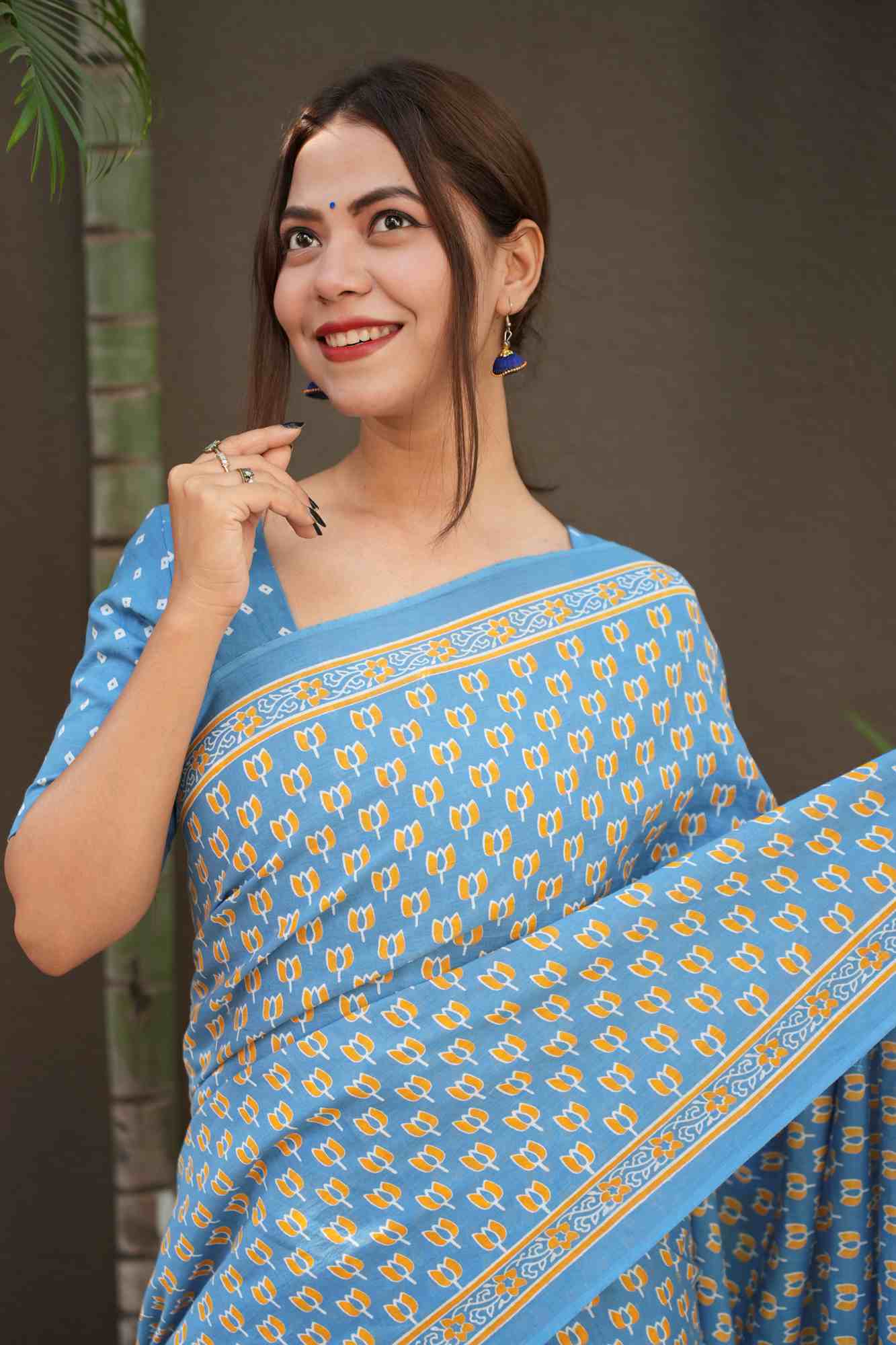 Light Blue Cotton Saree with Floral Hand Block Print Ready To Wear  Saree