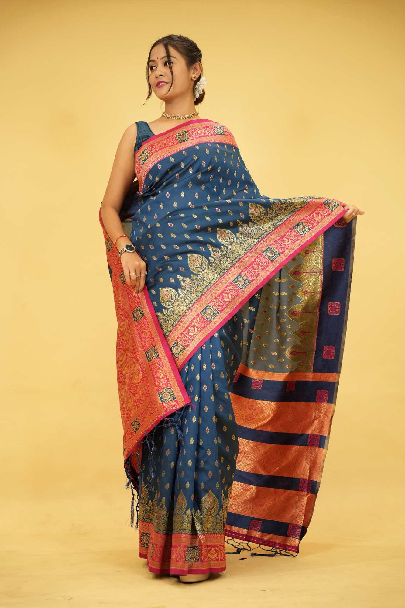 Dharamwaram Weave Prestitched Saree With Ornate Meenakari Detailing – Luxury Ready-to-Wear Elegance