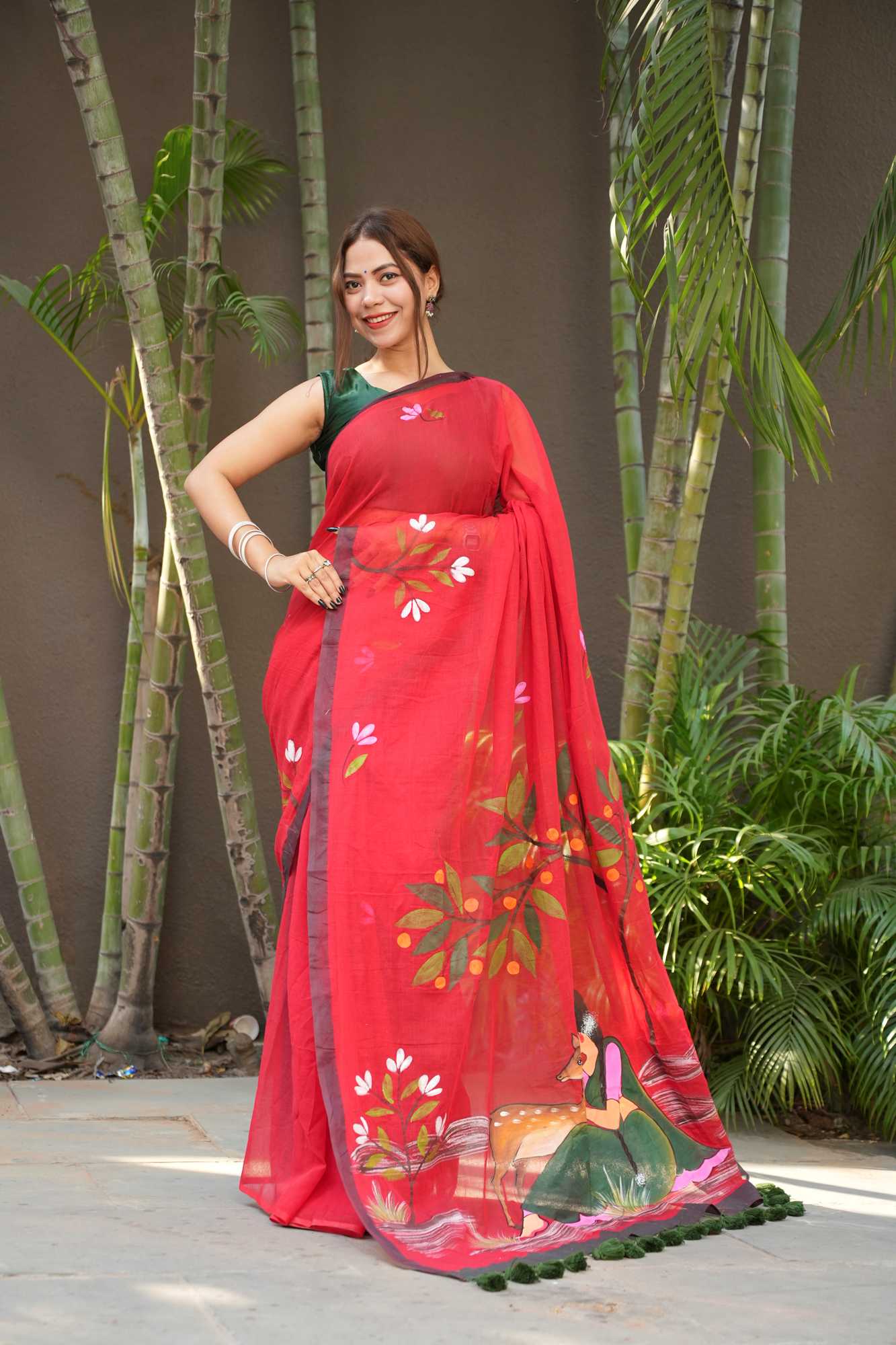 Hand-Painted Mulmul Cotton with Floral paint and Tassels Border Ready To Wear Saree