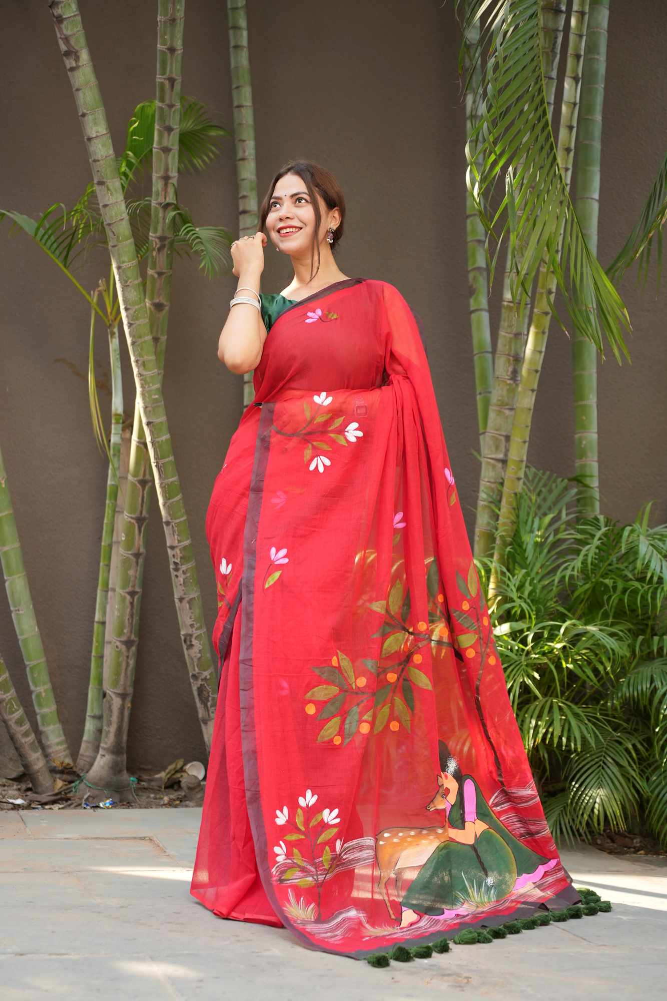 Hand-Painted Mulmul Cotton with Floral paint and Tassels Border Ready To Wear Saree