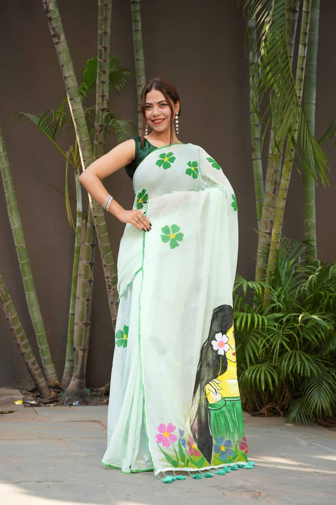 Hand-Painted Woman & Floral Mulmul Cotton Ready To Wear Saree