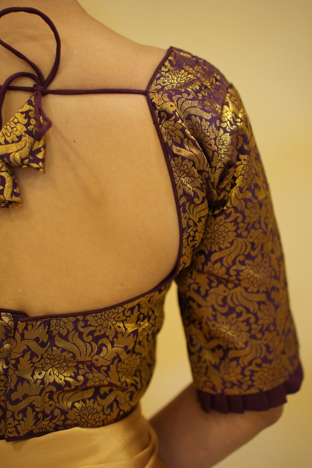 Beautiful Brown Banarasi Brocade With Choli Cut Piping Finished 3/4 Sleeve & Padded  Blouse