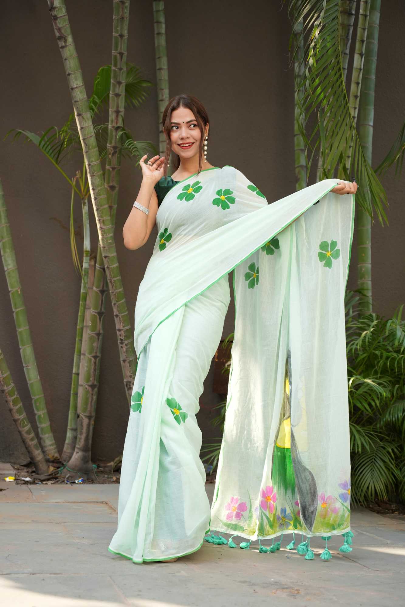Hand-Painted Woman & Floral Mulmul Cotton Ready To Wear Saree