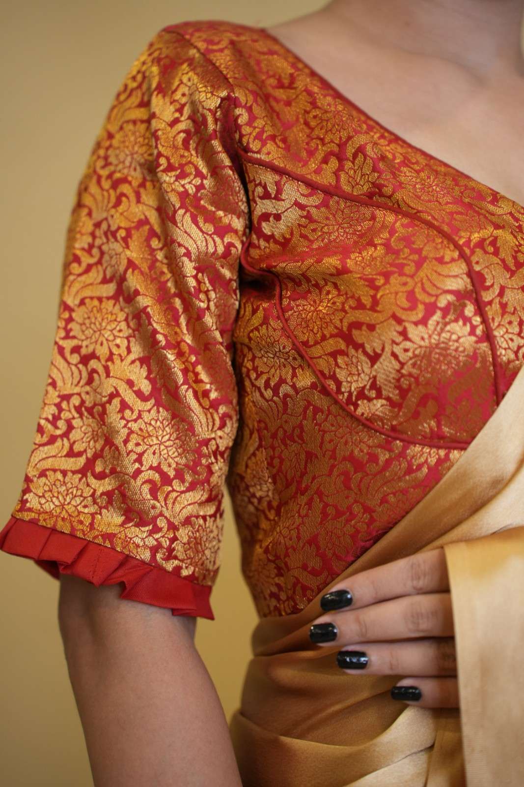 Beautiful Red Banarasi Brocade With Choli Cut Piping Finished 3/4 Sleeve & Padded  Blouse