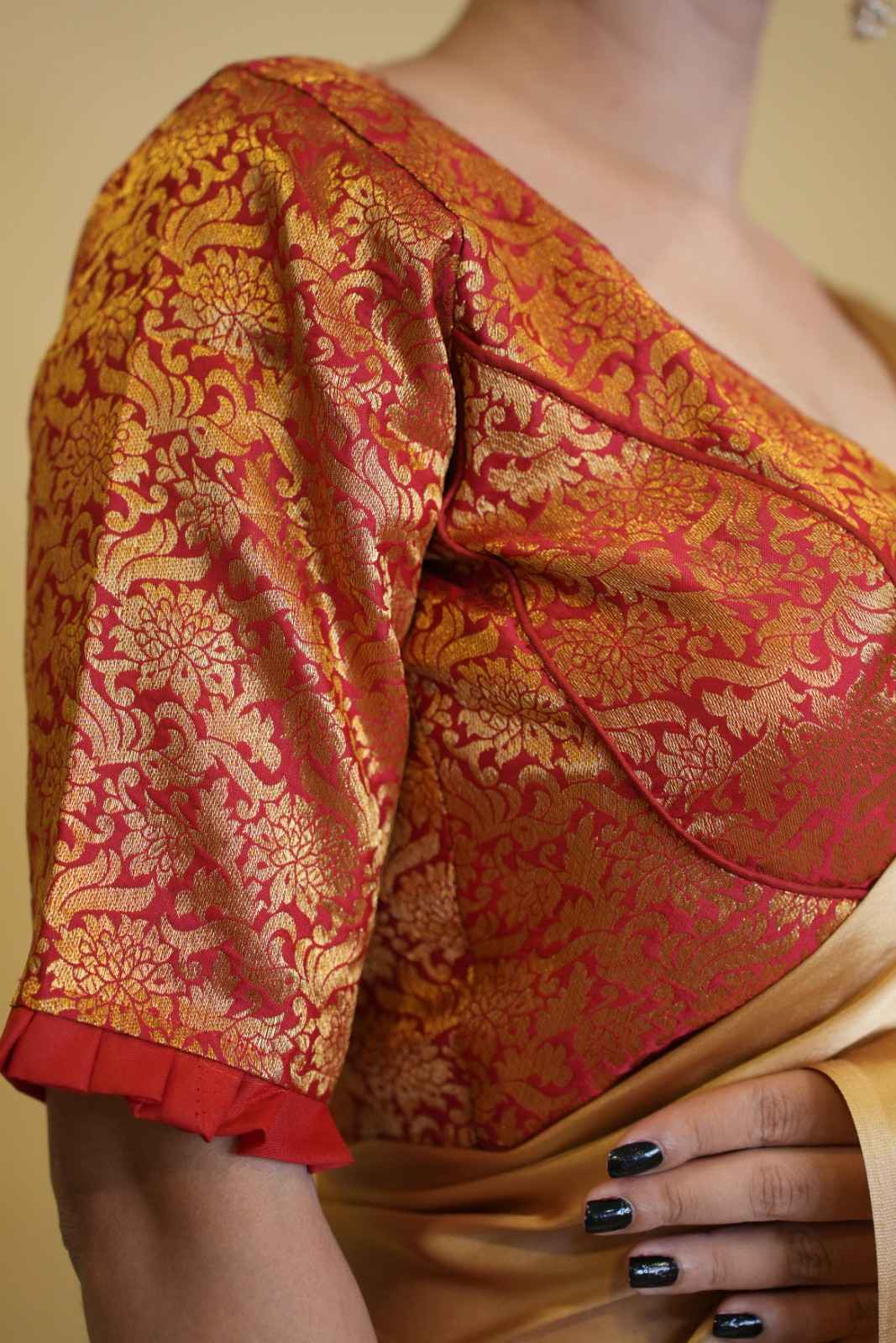 Beautiful Red Banarasi Brocade With Choli Cut Piping Finished 3/4 Sleeve & Padded  Blouse