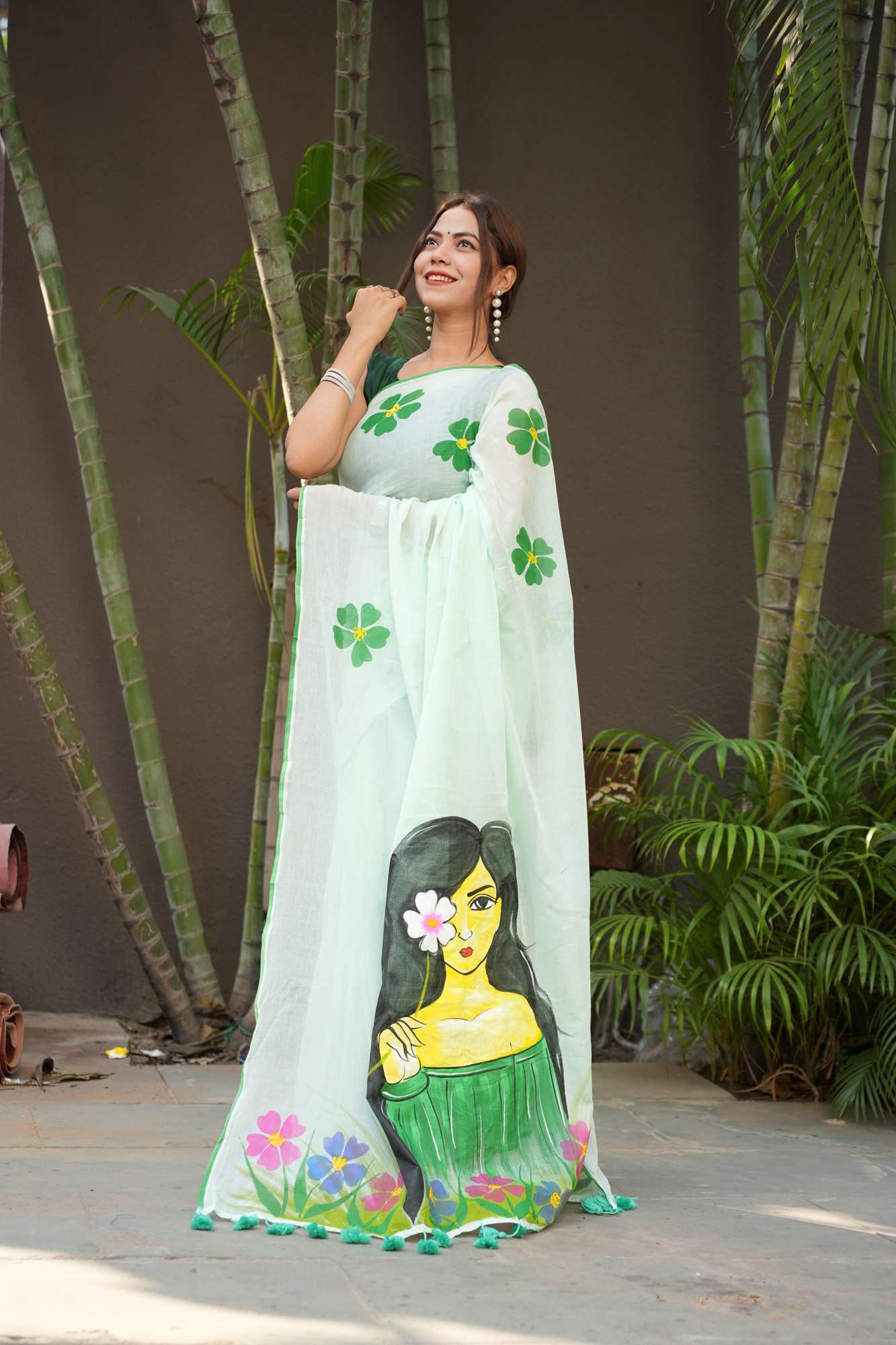 Hand-Painted Woman & Floral Mulmul Cotton Ready To Wear Saree