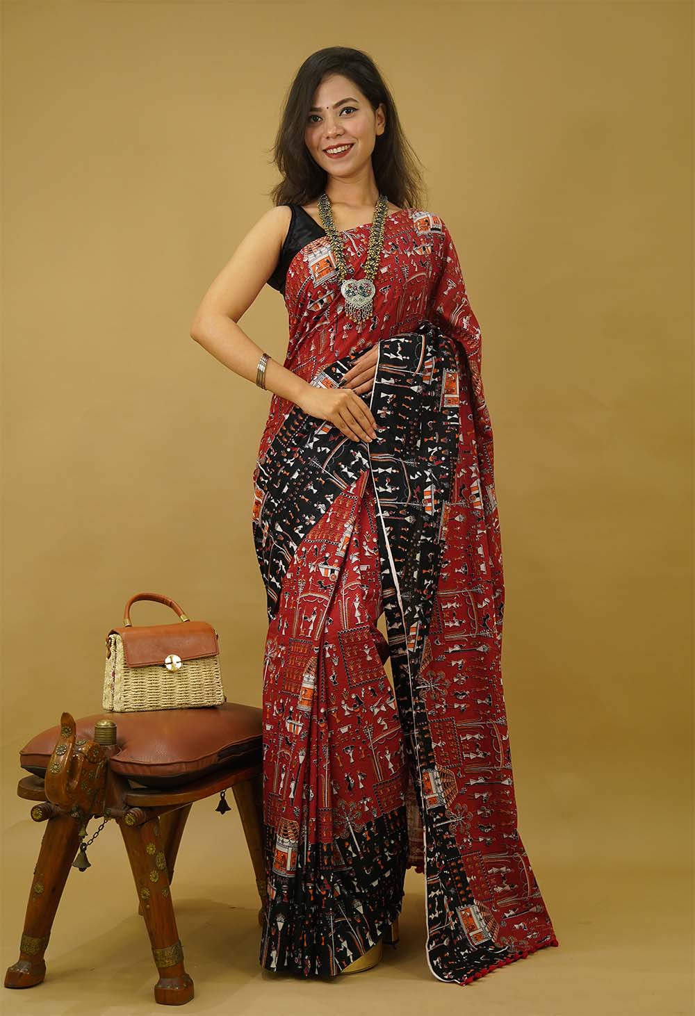 Red and Black Soft Cotton Tannt Over All Traditional Tribal Art Printed Wrap In One Minute Saree