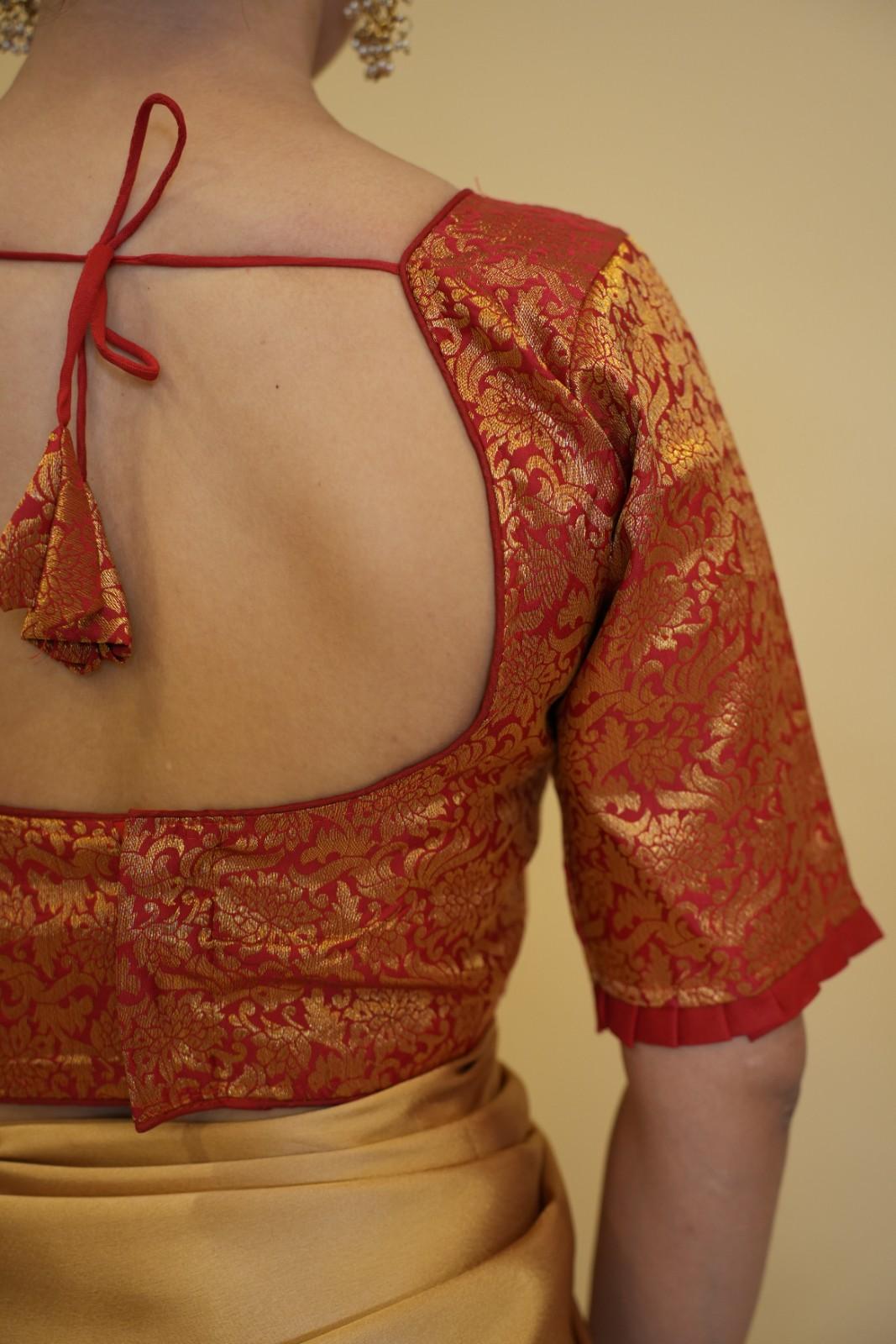 Beautiful Red Banarasi Brocade With Choli Cut Piping Finished 3/4 Sleeve & Padded  Blouse