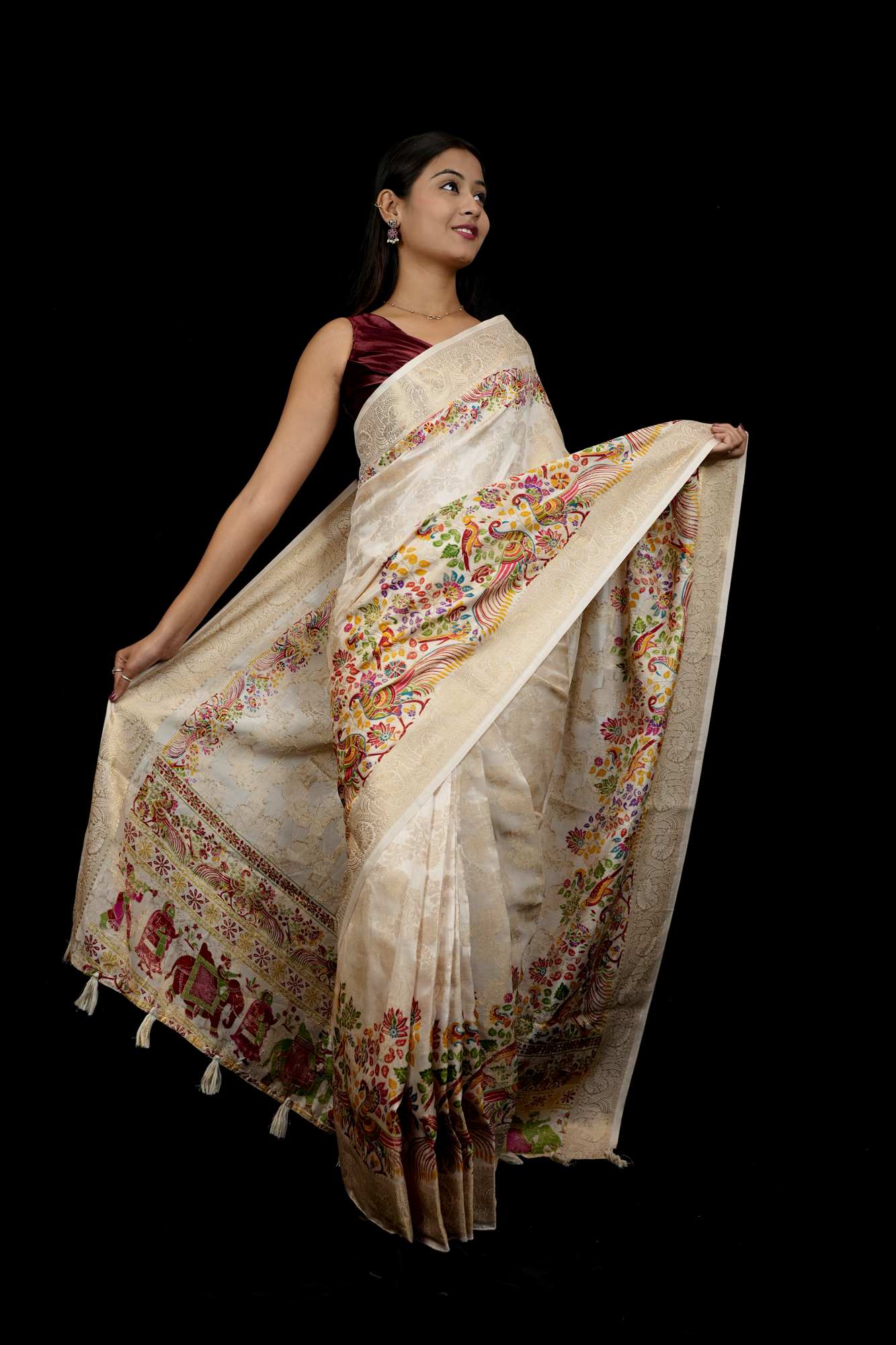 Tussar Inspired Silk with Zari Border & Heritage Motifs Ready To Wear Saree