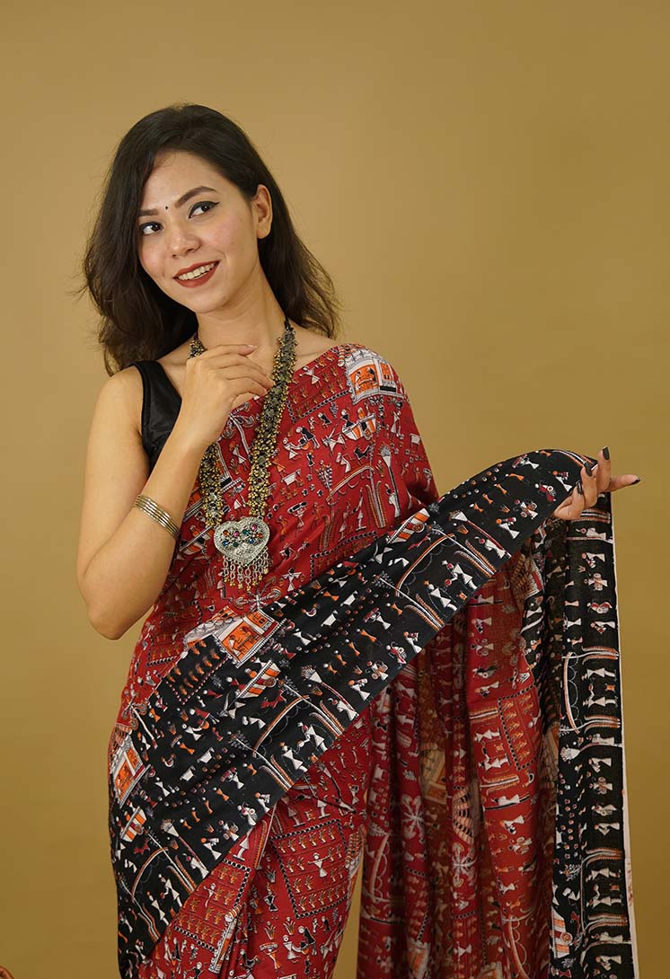 Red and Black Soft Cotton Tannt Over All Traditional Tribal Art Printed Wrap In One Minute Saree