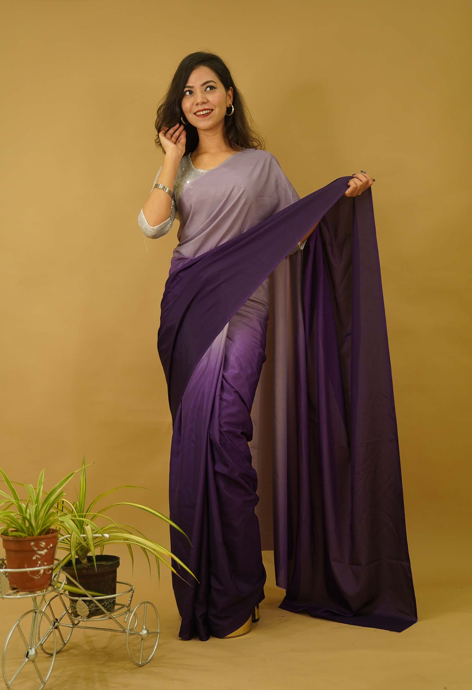 Ready to wear saree Georgette silk Purple Ombre Shaded  Wrap in one minute saree