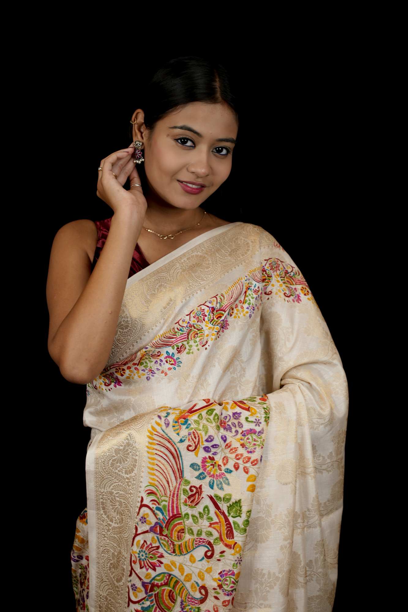Tussar Inspired Silk with Zari Border & Heritage Motifs Ready To Wear Saree