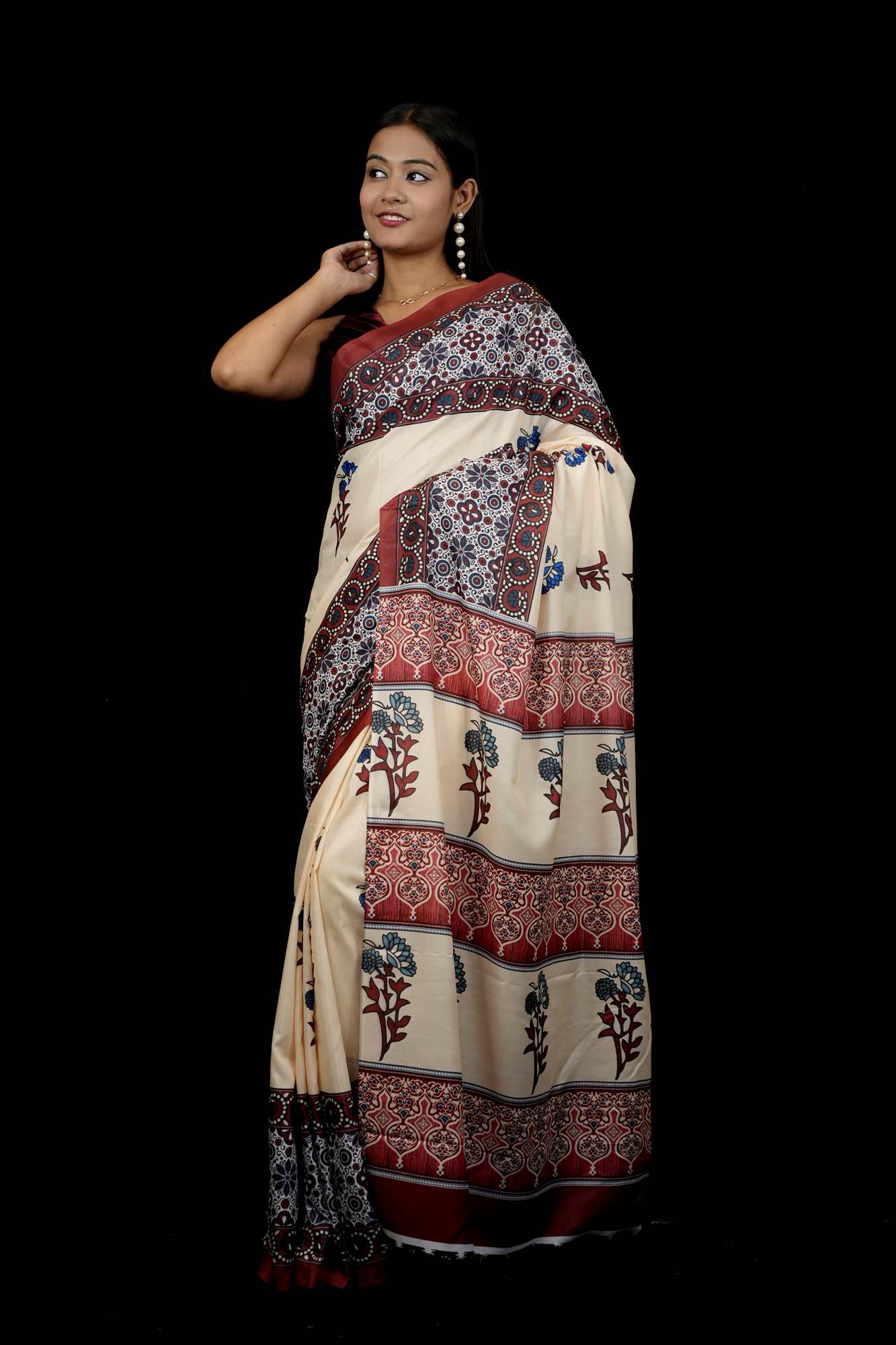 Ajrakh printed work wear prestitched ready to wear saree