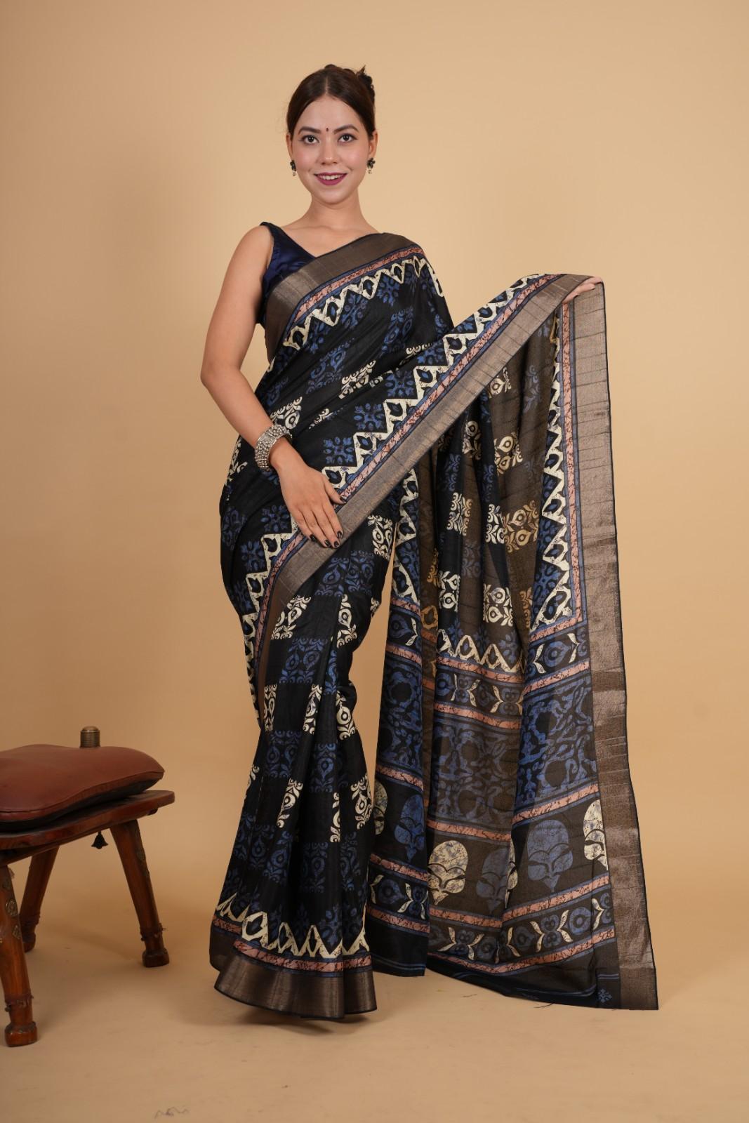 Soft Cotton Silk With Overall Printed & Zari Bordered Ready To Wear Saree