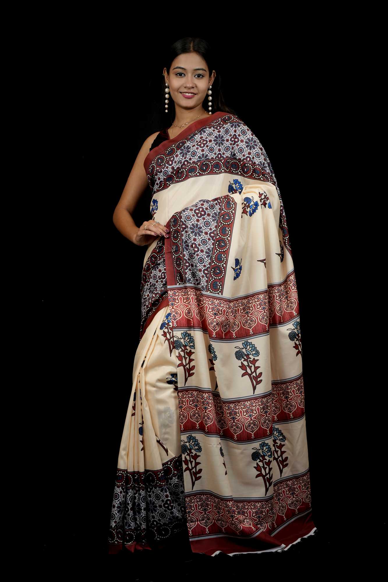 Ajrakh printed work wear prestitched ready to wear saree